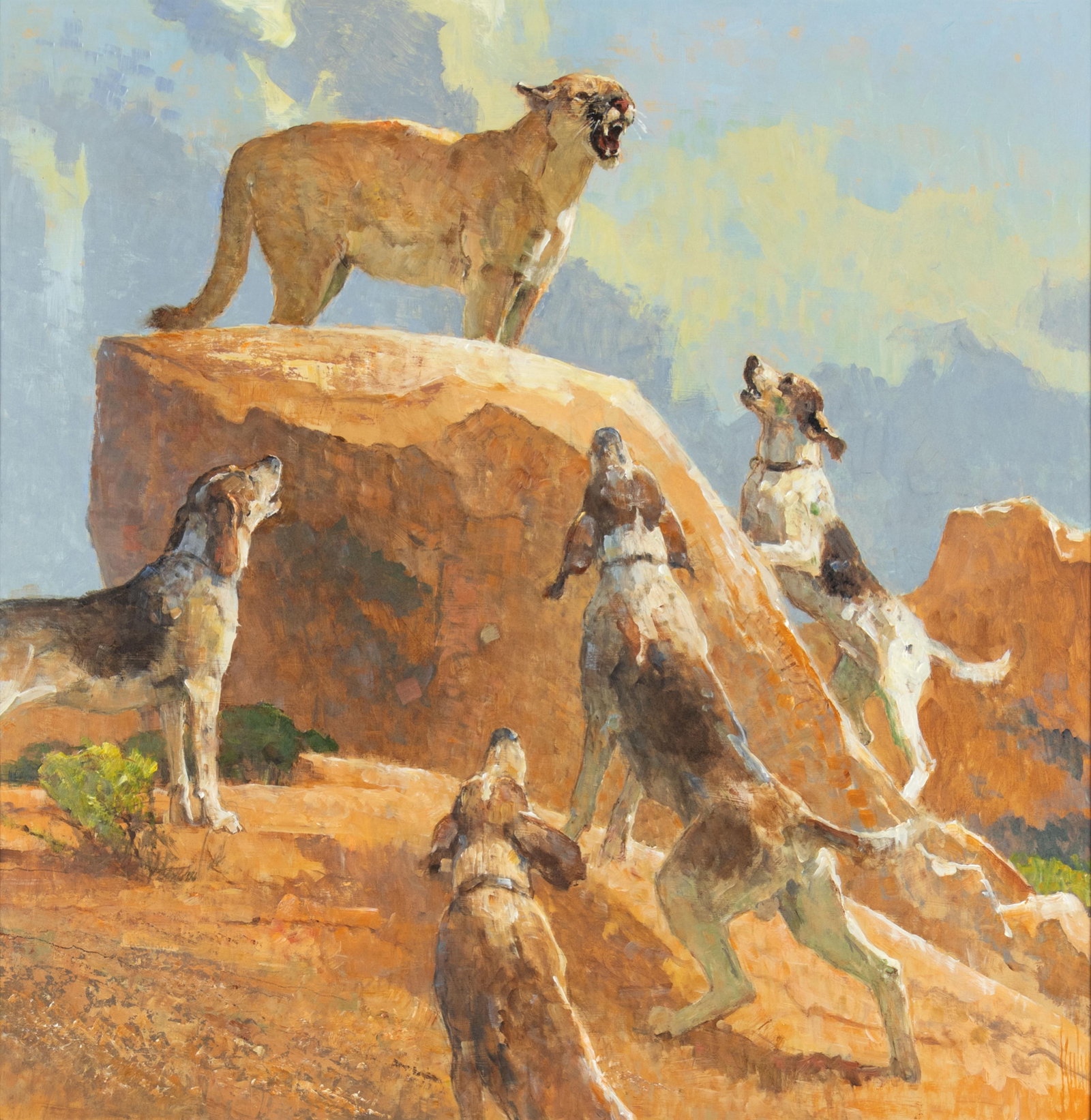 Bob Kuhn, Cacophony - Cougar & Hounds, 2002: Bob Kuhn 1920-2007 Cacophony - Cougar & Hounds, 2002 acrylic and pencil on board signed lower right: Kuhn verso: signed and dated 24 x 24 in., Frame: 30 7/8 x 31 1/8 x 2 in. Provenance: From the