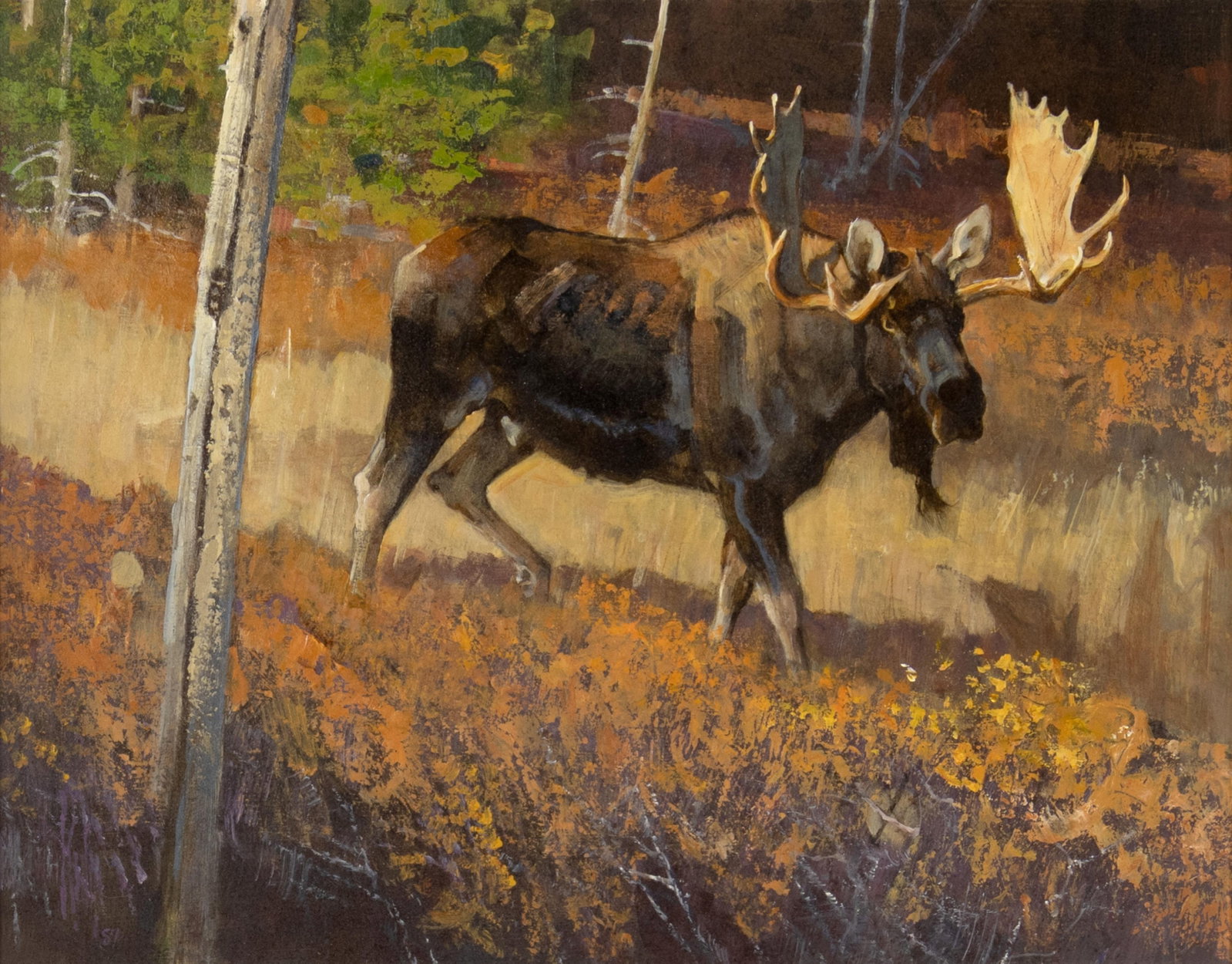 Bob Kuhn, On the Prod - Moose, 1984: Bob Kuhn 1920-2007 On the Prod - Moose, 1984 acrylic on masonite signed and dated lower left: Kuhn 84 verso: signed 14 1/2 x 18 1/2 in., Frame: 21 1/4 x 25 1/8 x 2 in. Provenance: From the Collection