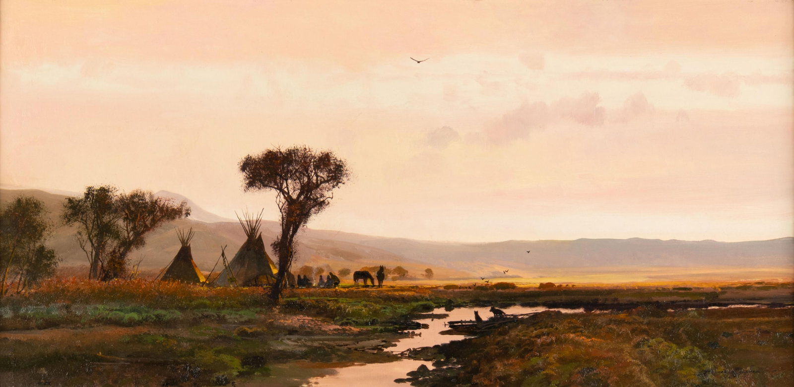 Michael Coleman, Camp at Dusk: Michael Coleman b.1946 Camp at Dusk oil on board signed lower right: MICHAEL COLEMAN © 12 x 24 in., Frame: 20 7/8 x 32 3/4 x 2 7/8 in. Provenance: From a Private Collection