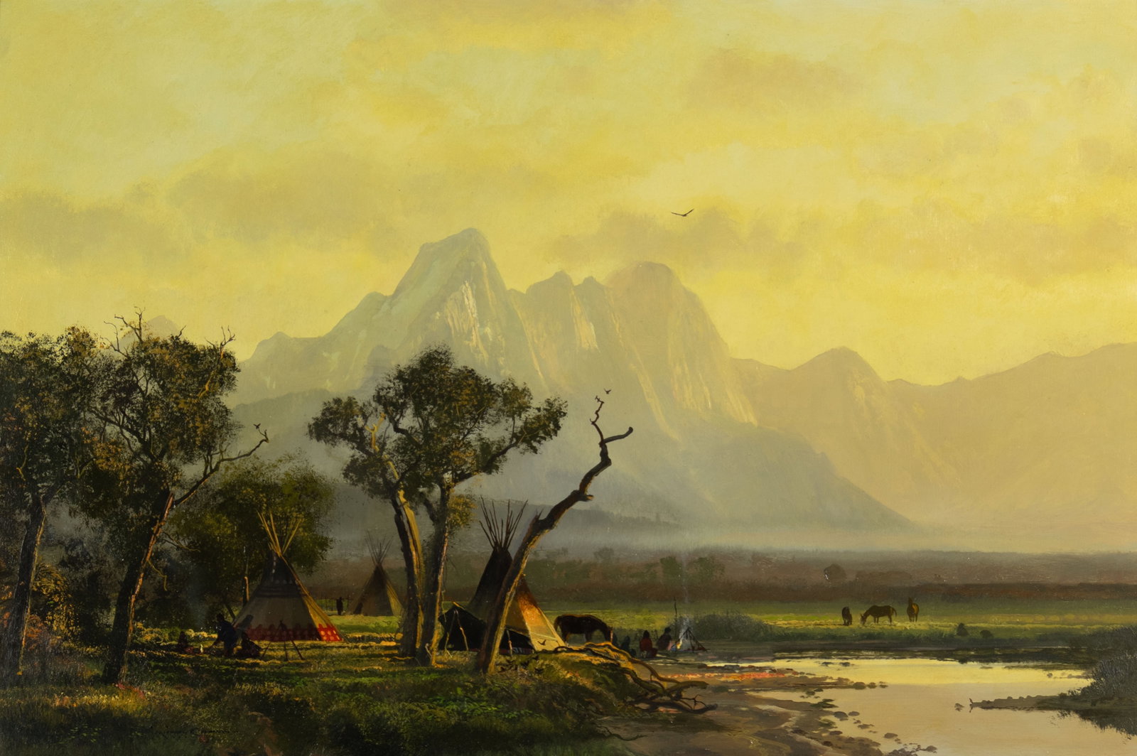 Michael Coleman, River Encampment: Michael Coleman b.1946 River Encampment oil on board signed lower left: MICHAEL COLEMAN - © 20 x 30 in., Frame: 31 3/8 x 41 3/8 x 3 in. Provenance: Private Collection, Sun Valley, ID C