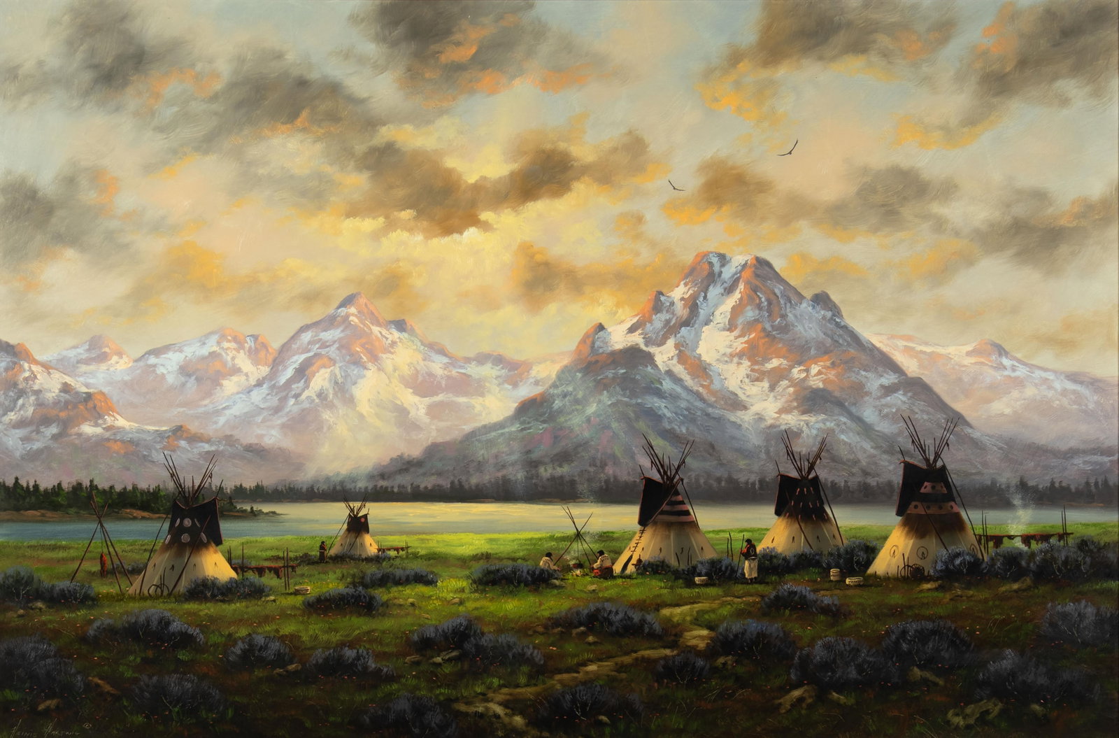 Heinie Hartwig, Indian Camp: Heinie Hartwig b.1937 Indian Camp oil on board signed lower left: Heinie Hartwig © 30 x 45 in., Frame: 36 1/4 x 51 1/2 x 2 1/2 in. Provenance: Private Collection, Jackson, WY
