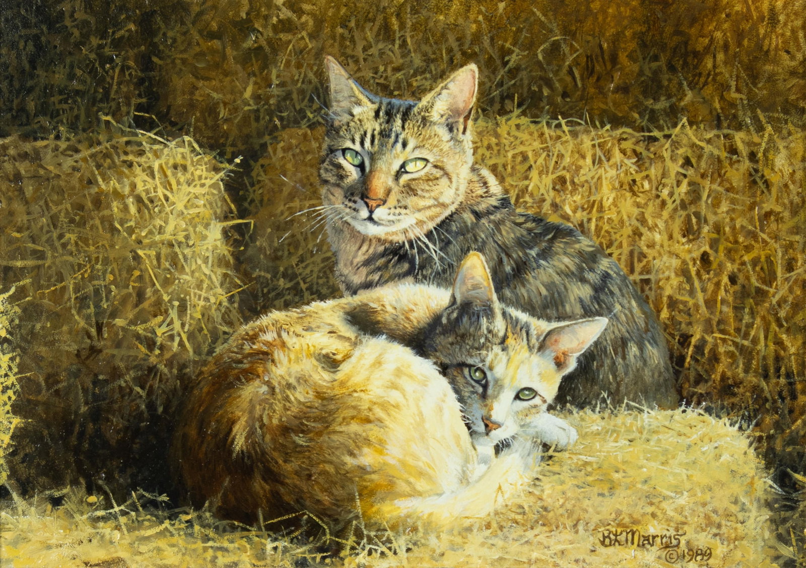 Bonnie Marris, Barn Cats, 1989: Bonnie Marris b.1951 Barn Cats, 1989 oil on board signed and dated lower right: BKMarris © 1989 10 x 14 in., Frame: 16 3/4 x 20 3/4 x 2 in. Provenance: From a Private Collection