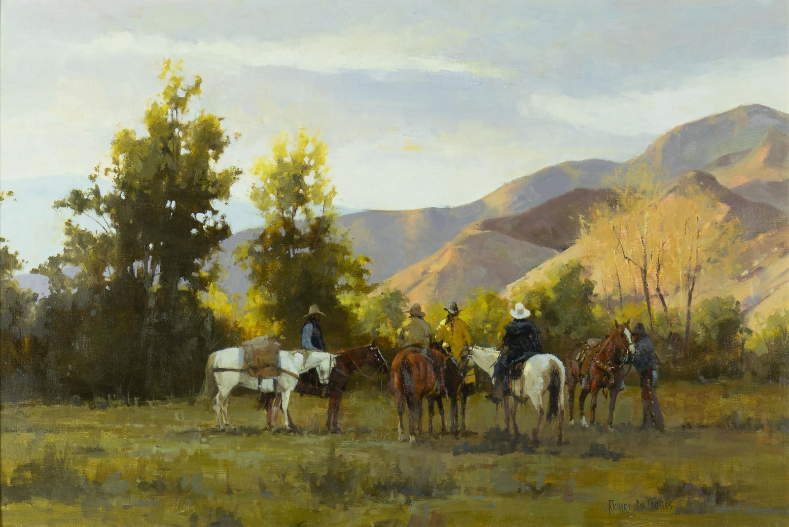 Richard D. Thomas, Cowboy Rendezvous, 2000: Richard D. Thomas 1939-2019 Cowboy Rendezvous, 2000 oil on canvas signed lower right: RICHARD D. THOMAS verso: titled, signed and dated 24 x 36 in., Frame: 35 3/4 x 48 x 2 3/4 in. Provenance: