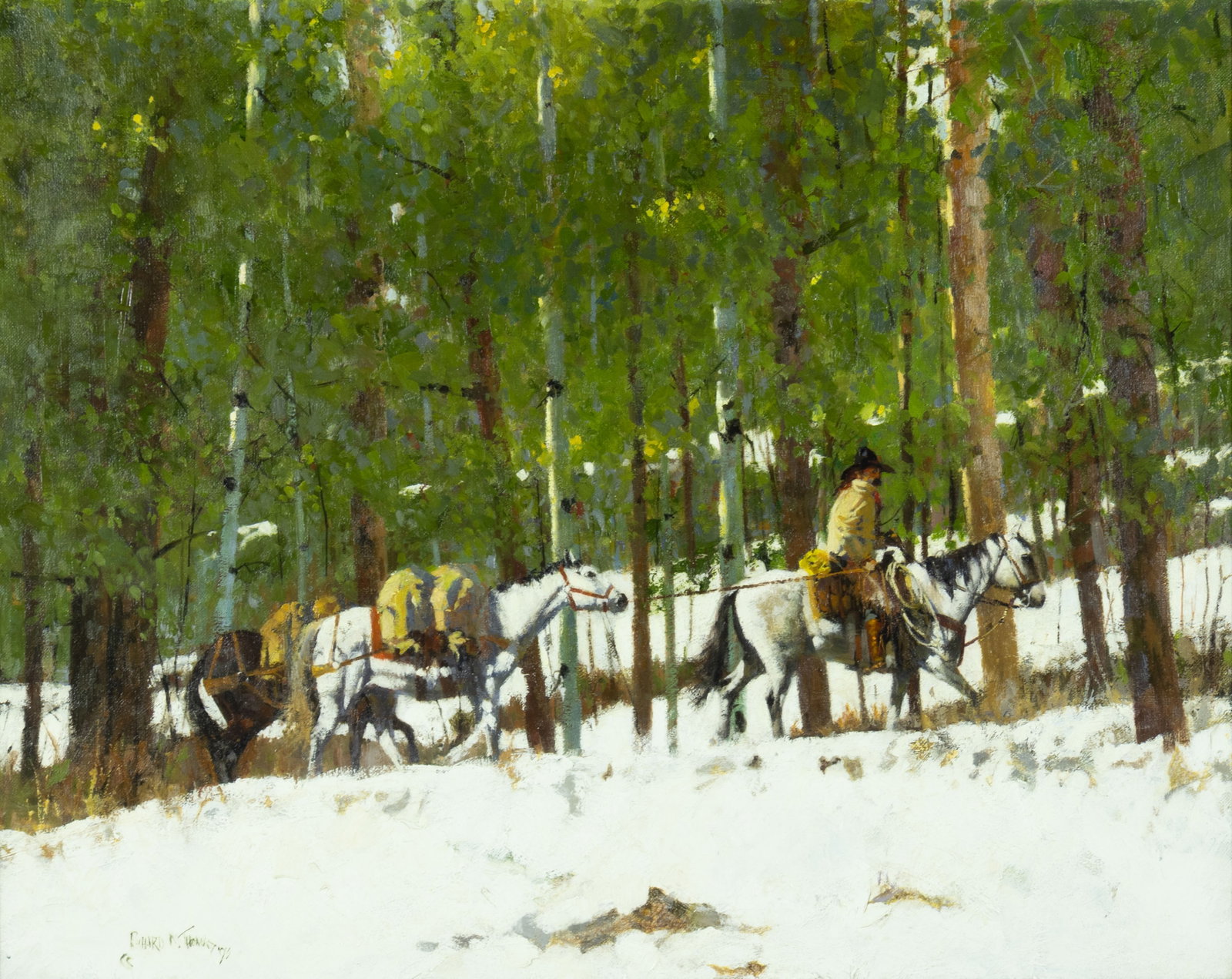 Richard D. Thomas, Line Camp Supplies, 1993: Richard D. Thomas 1939-2019 Line Camp Supplies, 1993 oil on canvas signed and dated lower left: RICHARD D. THOMAS '93 © verso: titled, signed and dated 24 x 30 in., Frame: 29 3/4 x 35 3/4 x 2