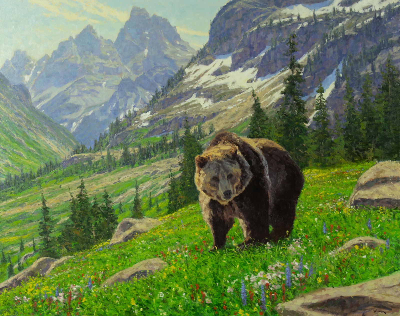 Andrew Bolam, Grizzly in the Tetons: Andrew Bolam b.1971 Grizzly in the Tetons oil on canvas signed lower right: Bolam 48 x 60 in., Frame: 56 1/8 x 68 1/2 x 1 1/4 in. Provenance: Private Collection, Jackson, WY