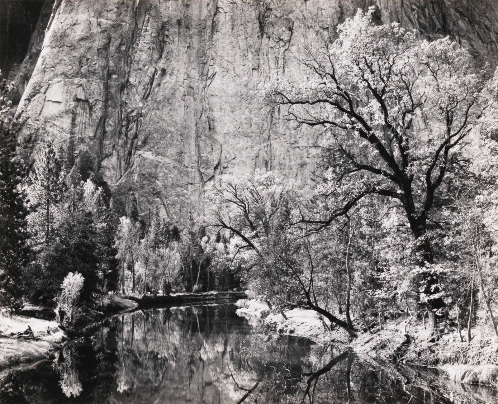 Ansel Adams, Merced River, Cliffs of Cathedral Rocks, Autumn, 1939: Ansel Adams 1902-1984 Merced River, Cliffs of Cathedral Rocks, Autumn, 1939 gelatin silver print on paper signed lower right: Ansel Adams 7 1/4 x 9 in., Mount: 14 x 18 in., Mat: 16 x 19 in. Provenanc