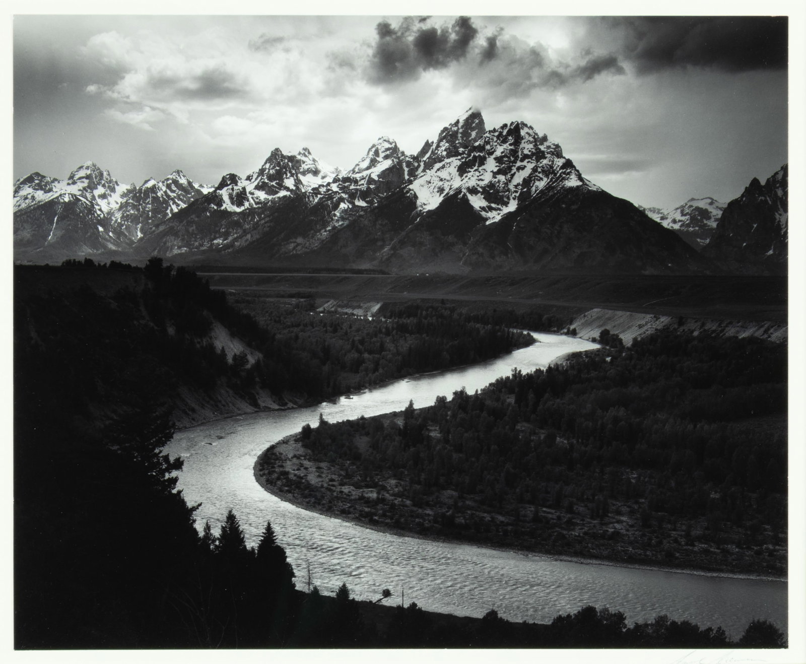 Ansel Adams, The Teton Range and Snake River, Grand Teton National Park, Wyoming, 1942: Ansel Adams 1902-1984 The Teton Range and Snake River, Grand Teton National Park, Wyoming, 1942 gelatin silver print, print 16 signed lower right on mat: Ansel Adams signed recto with printed black in