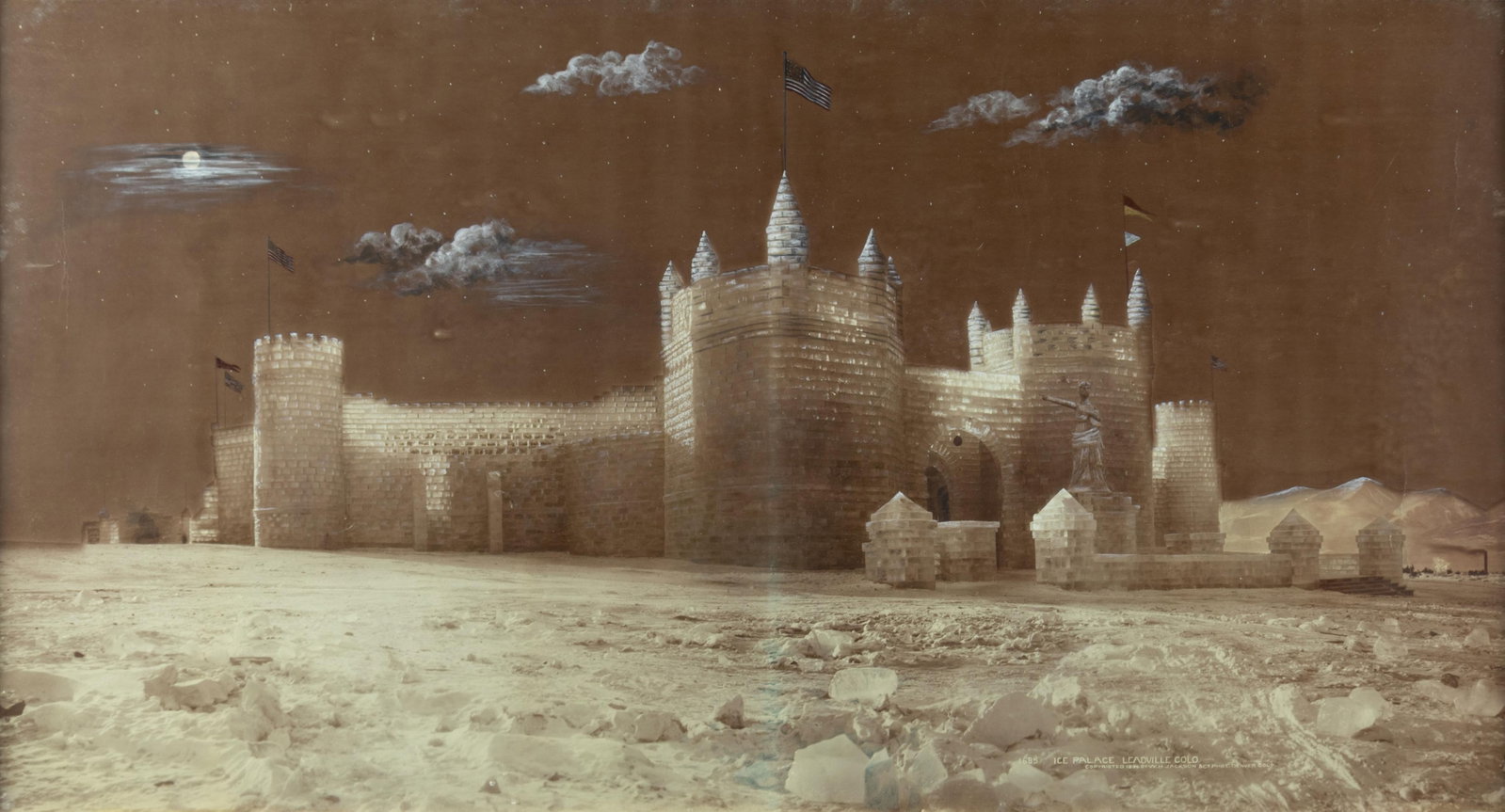 William Henry Jackson, Ice Palace at Leadville, 1896: William Henry Jackson 1843-1942 Ice Palace at Leadville, 1896 hand-colored silver print inscribed lower right: 1685. Ice Palace at Leadville Colo. Copyrighted 1896 By W.H. Jackson & Co. Phot. Denver
