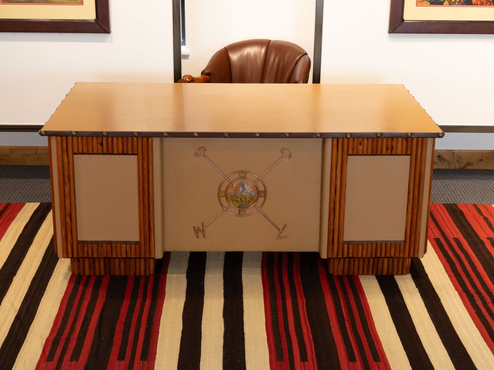 Thomas Molesworth, Office Desk with Contemporary Lester Santos Office Chair: Thomas Molesworth 1890-1877 Office Desk with Applied Pole Trim and Original Tan Leather, c. 1950s En Suite with Contemporary Lester Santos Office Chair inland fir, leather, brass tacks, applied