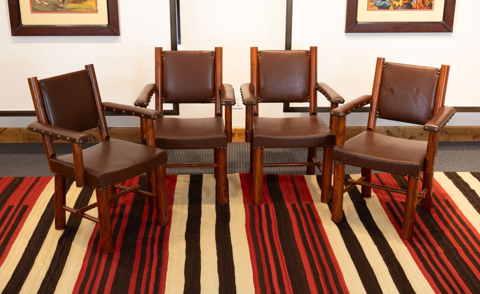 Thomas Molesworth, Set of Four Sling Seat Armchairs, c. 1950s: Thomas Molesworth 1890-1877 Set of Four Sling Seat Armchairs with New Leather and Brass Tacks, c. 1950s inland fir, tulip poplar, leather, brass tacks 33 x 30 x 27 in. (each) Provenance: Zach