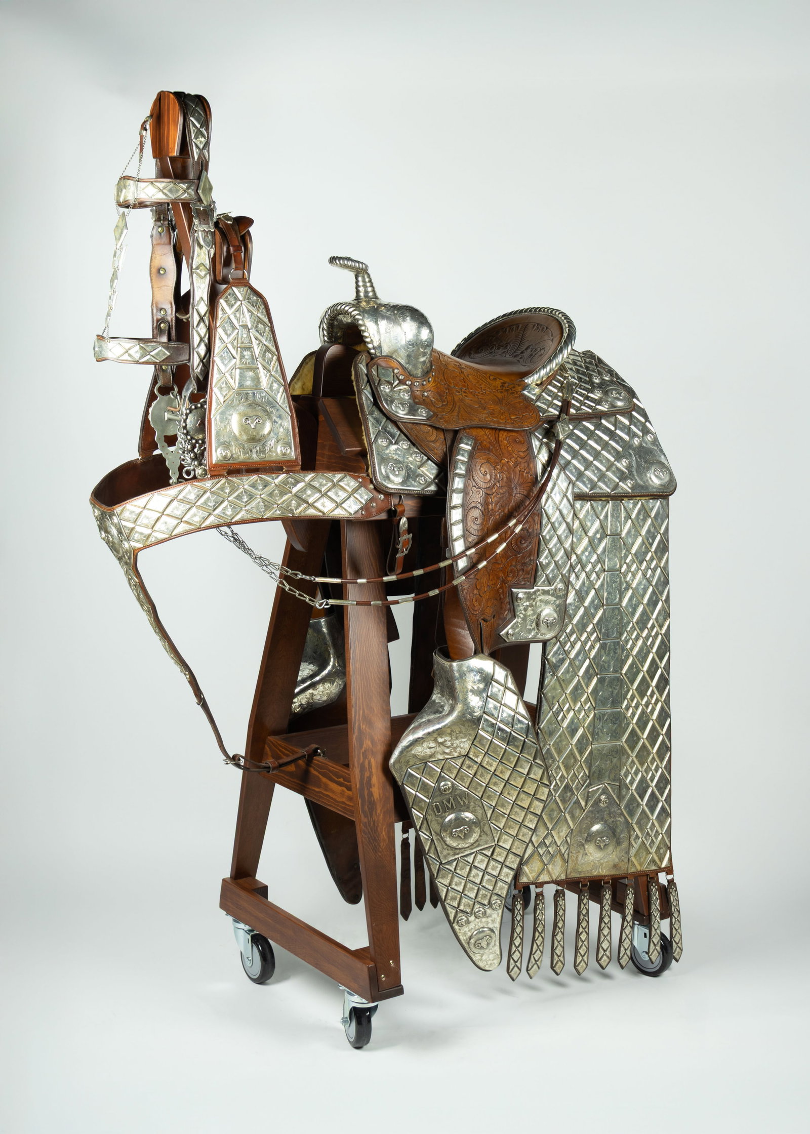 MacPherson Saddlery, Sterling Silver Parade Saddle with Serapes, c. 1950: MacPherson Saddlery & Sunset Trails Sterling Silver Parade Saddle with Serapes, c. 1950 saddle inscribed: MACPHERSON MAKER LOS ANGELES Silverwork by Sunset Trails, Hollywood, CA Restored by Carney