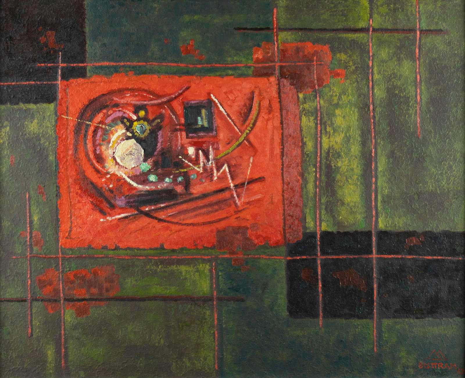 Emil Bisttram, Untitled, 1963: Emil Bisttram 1895-1976 Untitled, 1963 oil on board signed and dated lower right: (artist cipher) BISTTRAM 63 23 3/8 x 29 1/2 in., Frame: 28 5/8 x 34 5/8 x 1 3/4 in. Provenance: From a Private