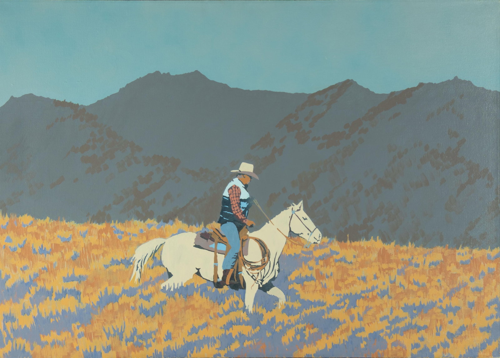 Bill Schenck, Cowboy on Horse, 1979: Bill Schenck b.1947 Cowboy on Horse, 1979 oil on canvas verso: signed and dated 28 1/2 x 40 1/2 in. Provenance: Larsen Gallery, Scottsdale, AZ (label verso) Private Collection, Scottsdale, AZ