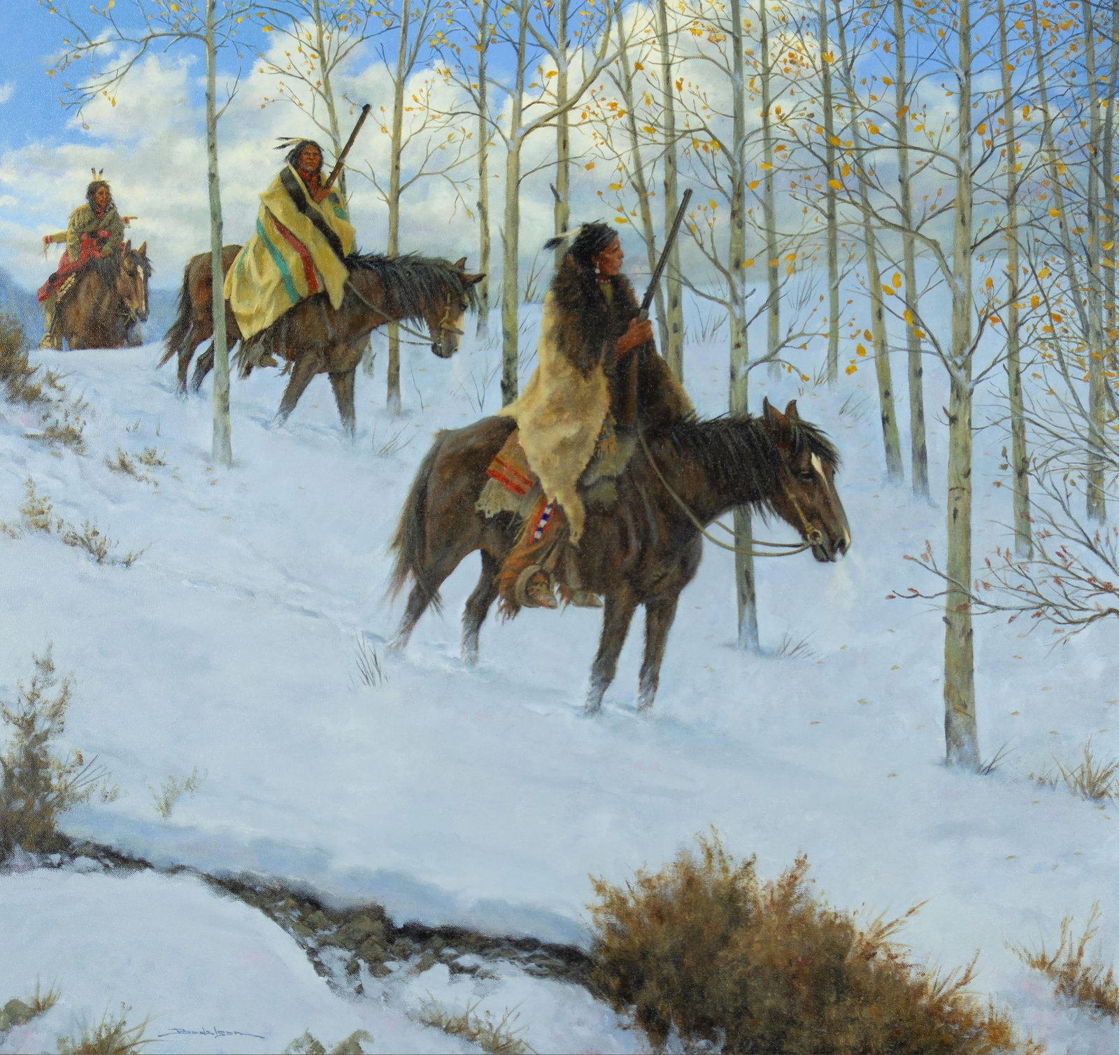 Dan Bodelson, Fall Fades Away: Dan Bodelson b.1949 Fall Fades Away oil on canvas signed lower left: Bodelson verso: titled and signed 30 x 32 in., Frame: 35 1/4 x 37 1/4 x 2 in. Provenance: From the Artist