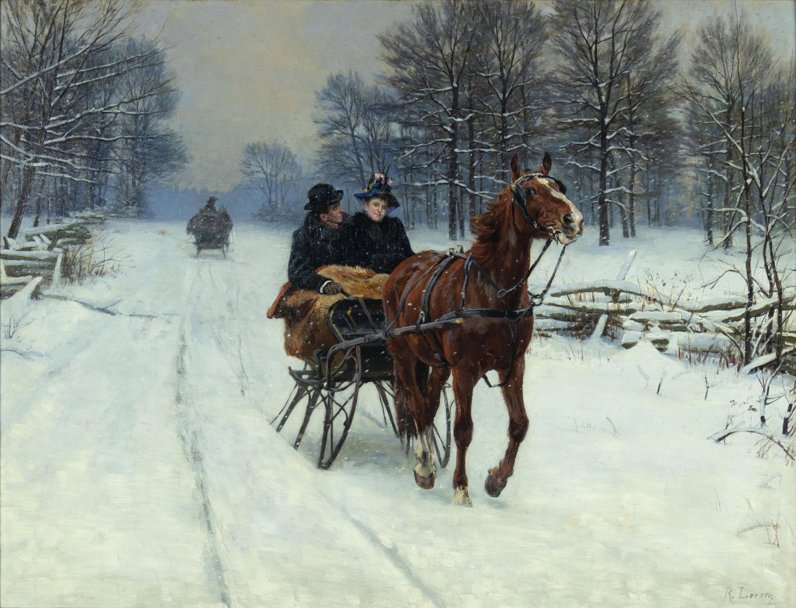 Richard Lorenz, Winter Sleigh Ride, c. 1890: Richard Lorenz 1858-1915 Winter Sleigh Ride, c. 1890 oil on canvas signed lower right: R. Lorenz 26 1/4 x 34 1/2 in., Frame: 33 3/4 x 41 7/8 x 3 in. Provenance: A. J. Schrager Kennedy Galleries,