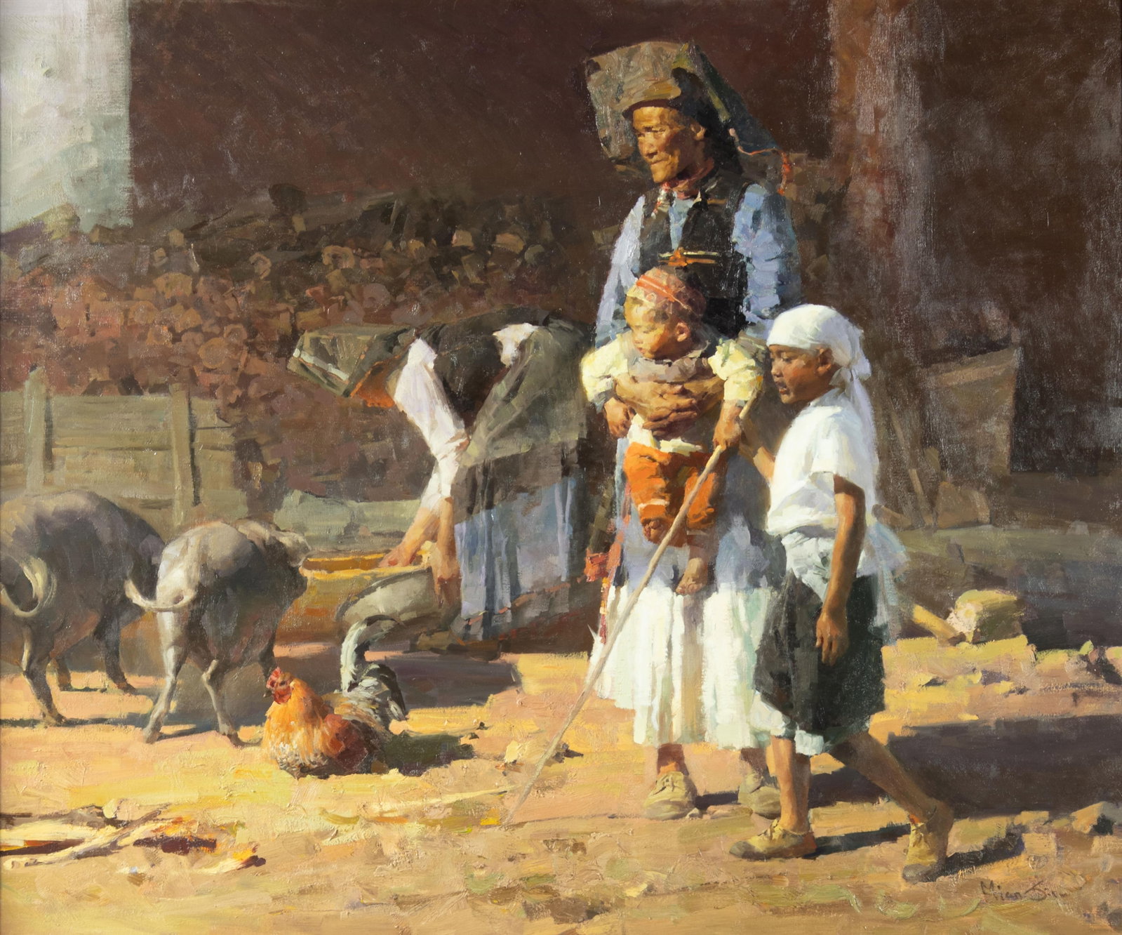 Mian Situ, Feeding Time: Mian Situ b.1953 Feeding Time oil on canvas signed lower right: Mian Situ verso: titled and signed 40 x 48 in., Frame: 49 1/2 x 57 1/2 x 3 3/4 in. Provenance: From a Private Collection