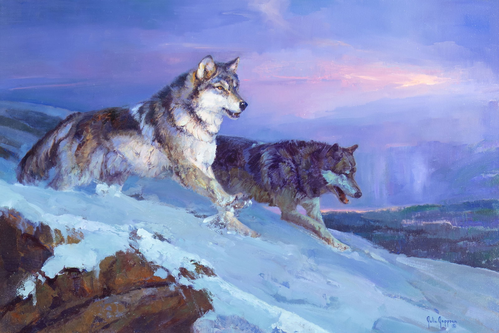 Julie Jeppsen, Nightstalkers: Julie Jeppsen b.1960 Nightstalkers oil on canvas signed lower right: Julie Jeppsen © 24 x 36 in., Frame: 32 1/2 x 44 1/2 x 3 in. Provenance: Out of Africa in Montana Gallery, Bozeman, MT (label
