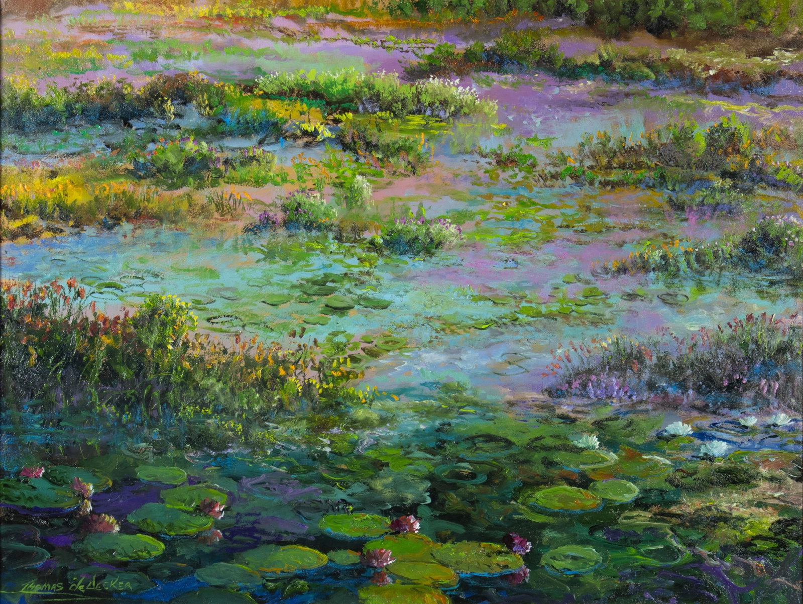 Thomas DeDecker, Red and White Pond Flowers, 2026: Thomas DeDecker b.1951 Red and White Pond Flowers, 2026 oil on canvas signed lower left: Thomas deDecker verso: titled, dated and signed 30 x 40 in., Frame: 41 1/2 x 51 1/2 x 4 in. Provenance: From