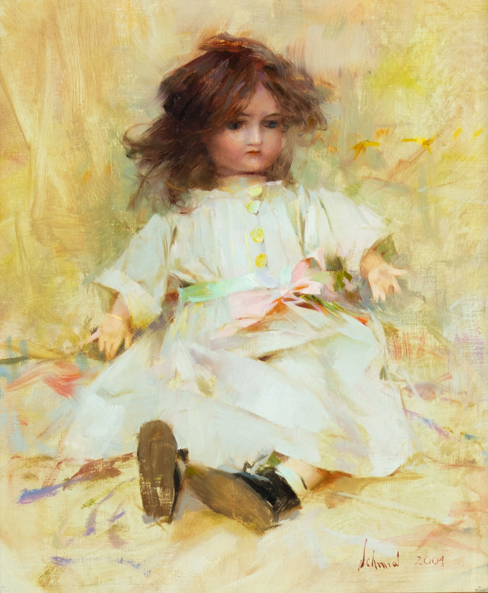 Richard Schmid, Bavarian Doll, 2004: Richard Schmid 1934-2021 Bavarian Doll, 2004 oil on canvas signed and dated lower right: Schmid 2004 verso: titled, signed and dated 14 x 11 3/4 in., Frame: 22 1/4 x 20 1/8 x 2 1/2 in. Provenance: