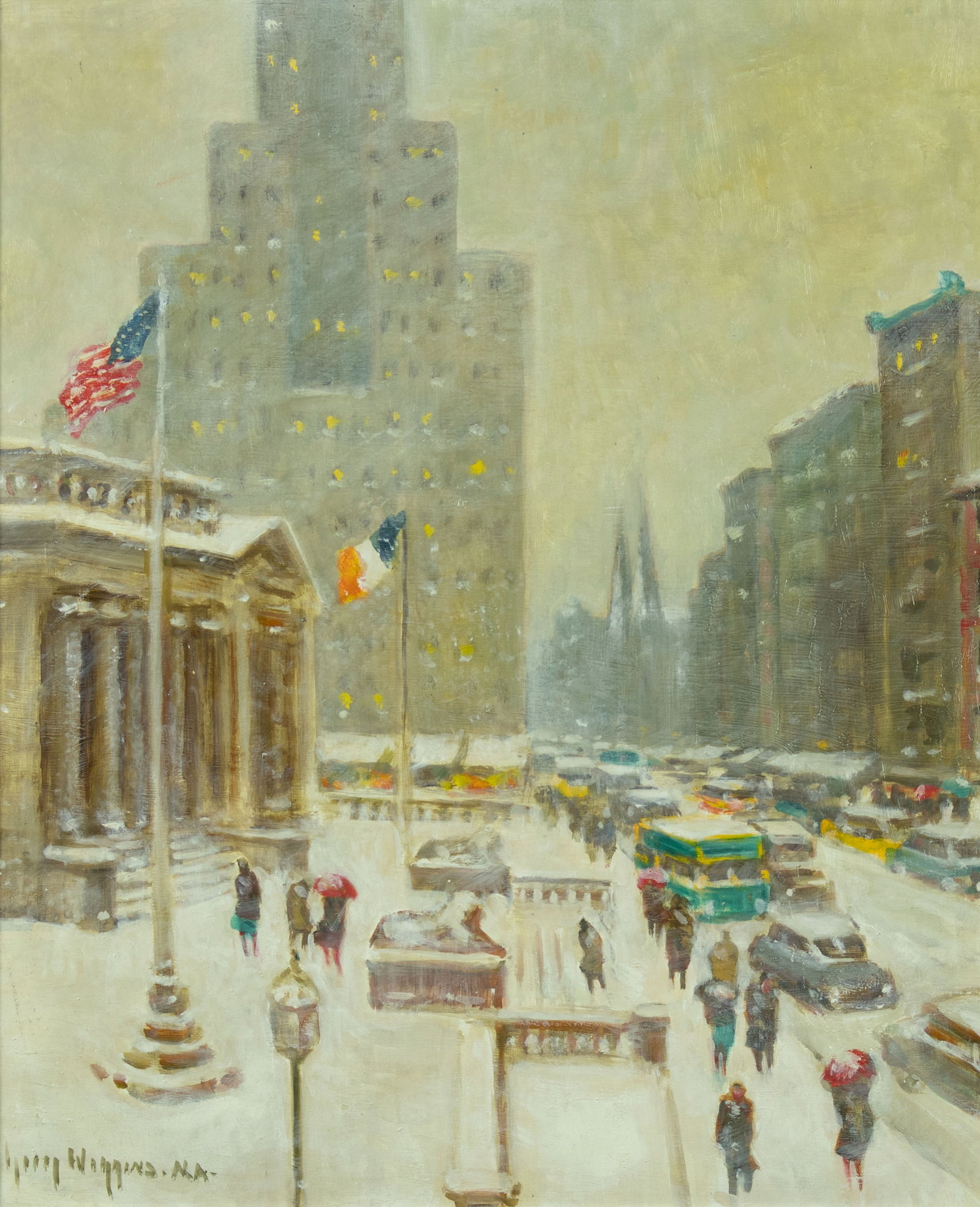 Guy Carleton Wiggins, The Library in Winter, 1957: Guy Carleton Wiggins 1883-1962 The Library in Winter, 1957 oil on canvas signed lower left: Guy Wiggins ·N.A- verso: titled, signed and dated 23 x 19 in., Frame: 30 3/4 x 26 3/4 x 4 in