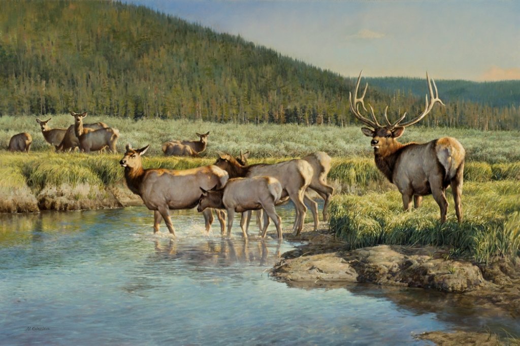 Watering His Herd: Glazier, Nancy, (1947- ), 24 x 36 inches, oil on canvas, signed lower left