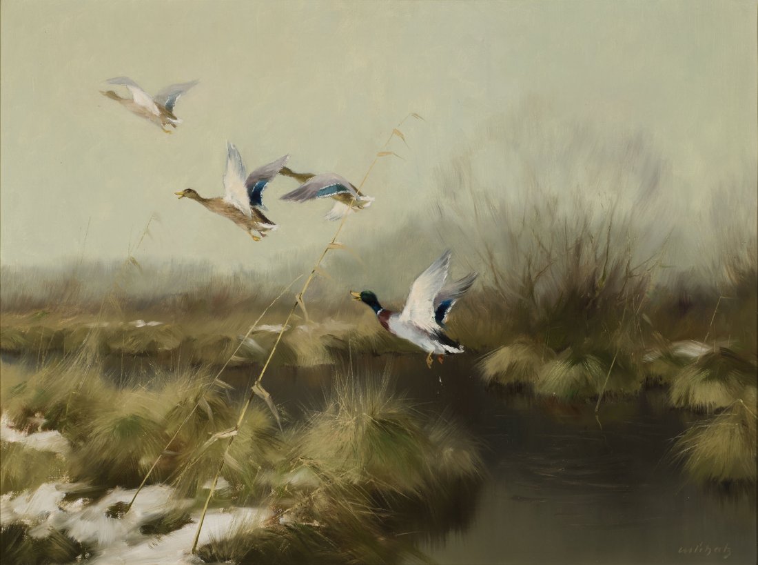 Flying Ducks: Schatz, Manfred, oil on canvas, 24 x 31.5