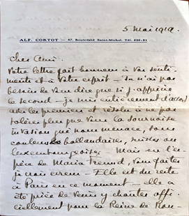 MUSIC - Alfred Cortot (Nyon, 1877 - Lausanne, 1962) - Autographed letter signed: Alfred Cortot (Nyon, 1877 - Lausanne, 1962)Autographed letter signed, dated May 5, 1919, by the acclaimed Swiss pianist and conductor. Addressed to Louis Fleury (a distinguished flutist ). He