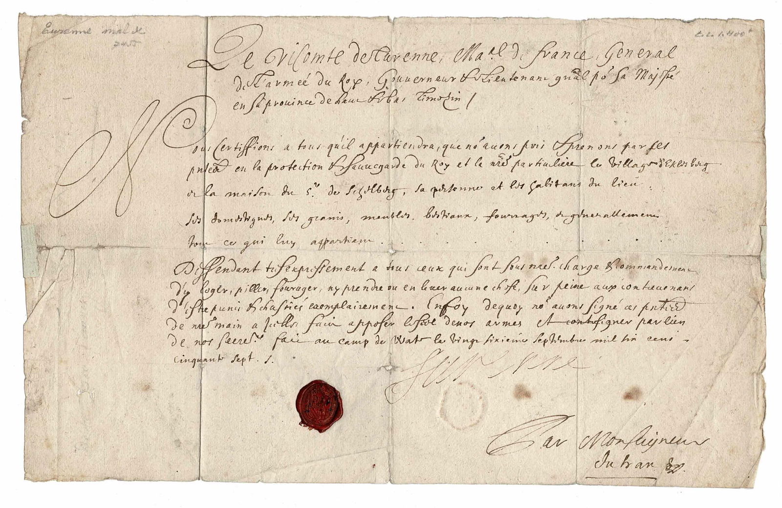 HISTORY - TURENNE Henri (1611-1675) - Document signed (1 of 1)