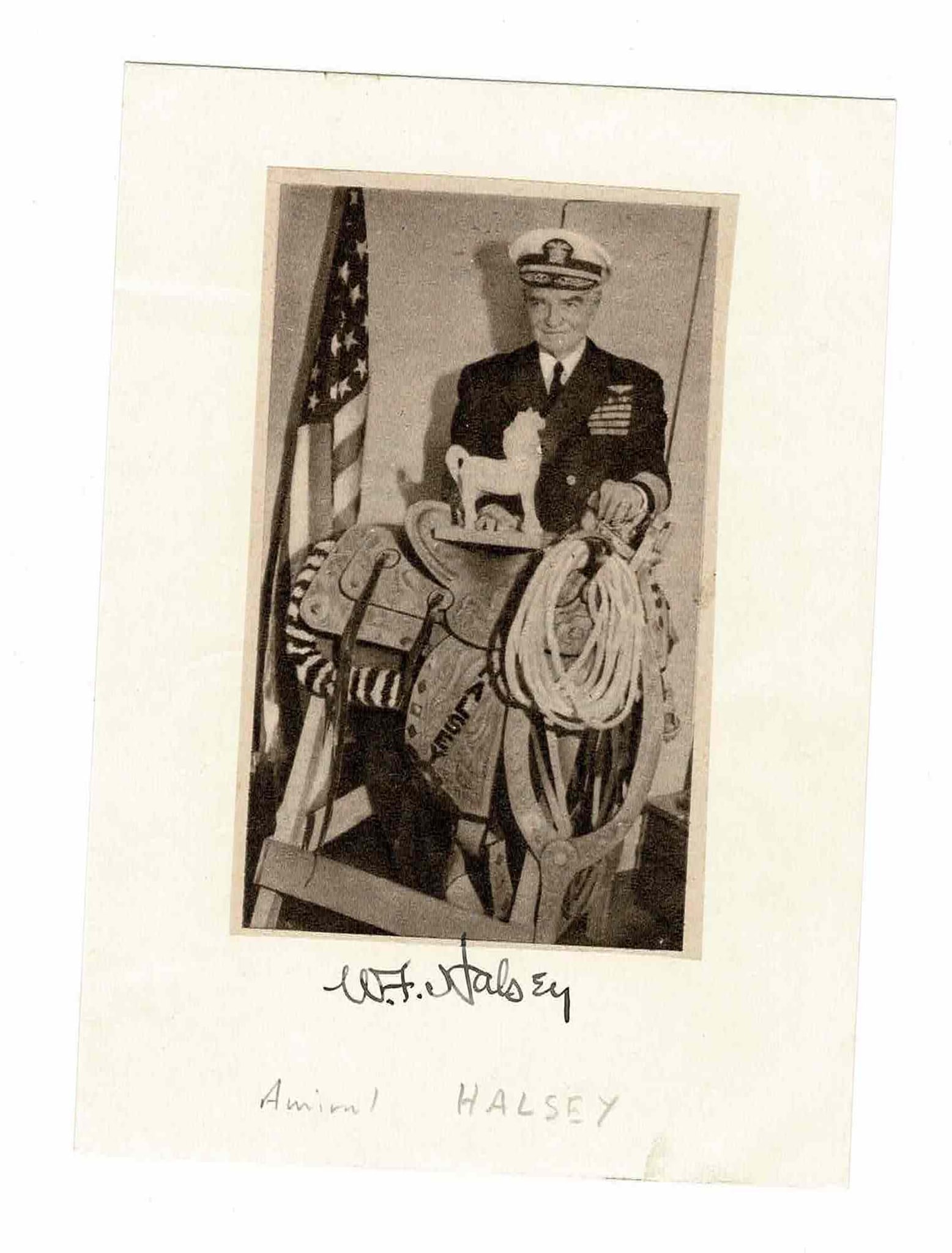 HISTORY - HALSEY William Frederick (1882 - 1959) - Signed printed photograph: Graduated from the Naval Academy in 1904. He commanded the 3rd Fleet during the Pacific War against Japan. He was promoted to vice-admiral before the Second World War and admiral in December 1945.Sign