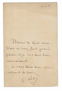 LITERATURE - LOTI Pierre Julien VIAUD (1850 - 1923) - Autograph letter signed: Naval school in Brest. He wrote in his spare time. In 1881, he was promoted to lieutenant. In 1891, he was elected to the Acad&#233;mie Fran&#231;aise. Autograph letter signed "P. Loti" to an Abbot ..