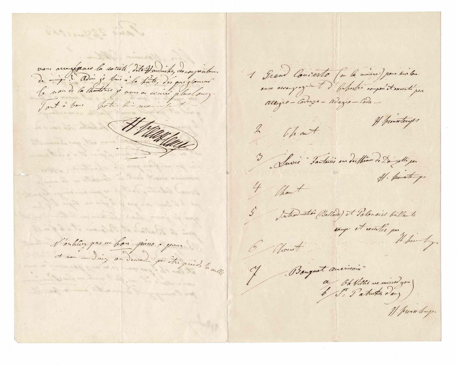 MUSIC - VIEUXTEMPS Henri (1820 - 1881) - Autograph letter signed (1 of 1)