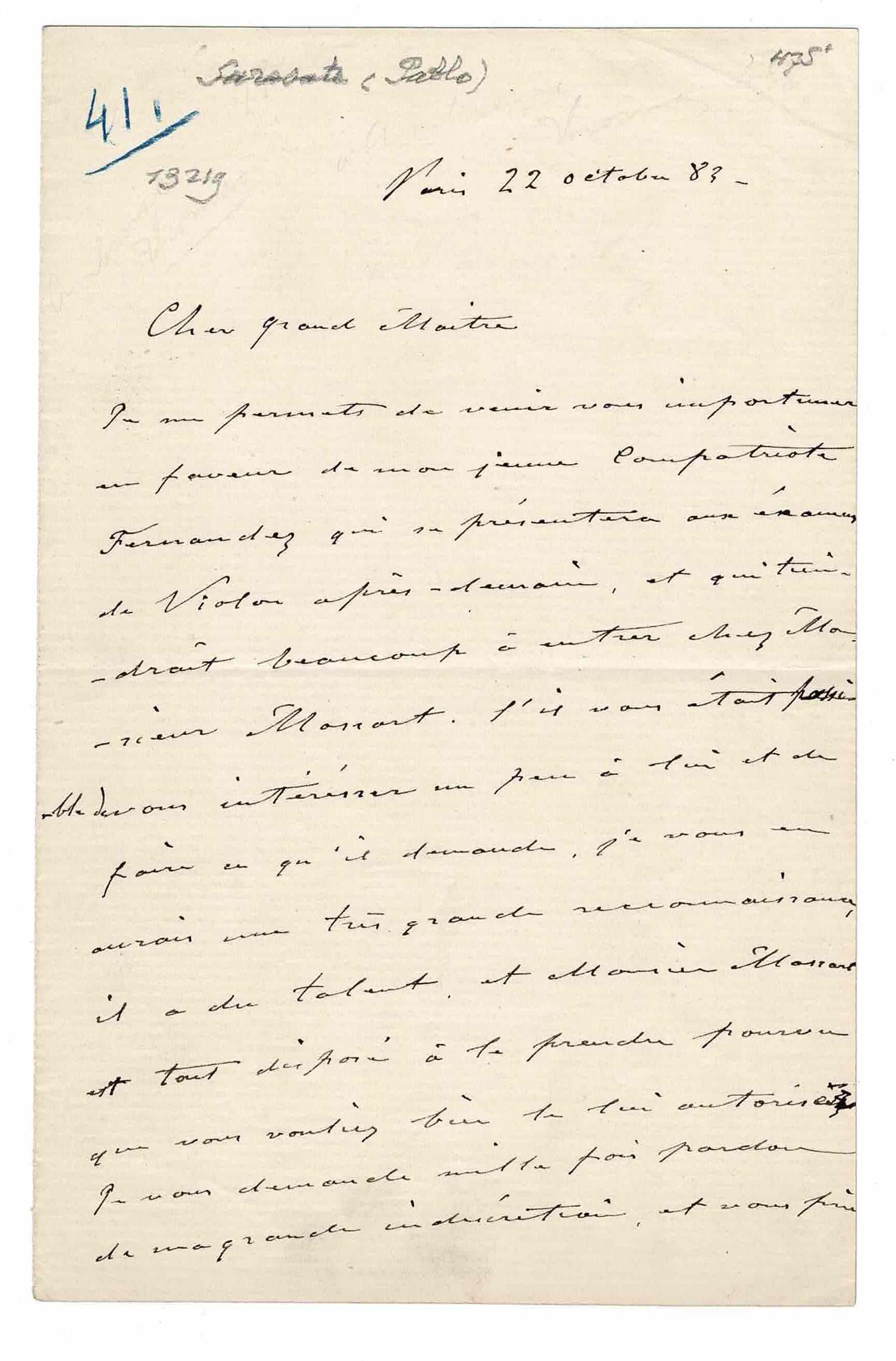 MUSIC - SARASATE Pablo (1844 - 1908) - Autograph letter signed (1 of 1)