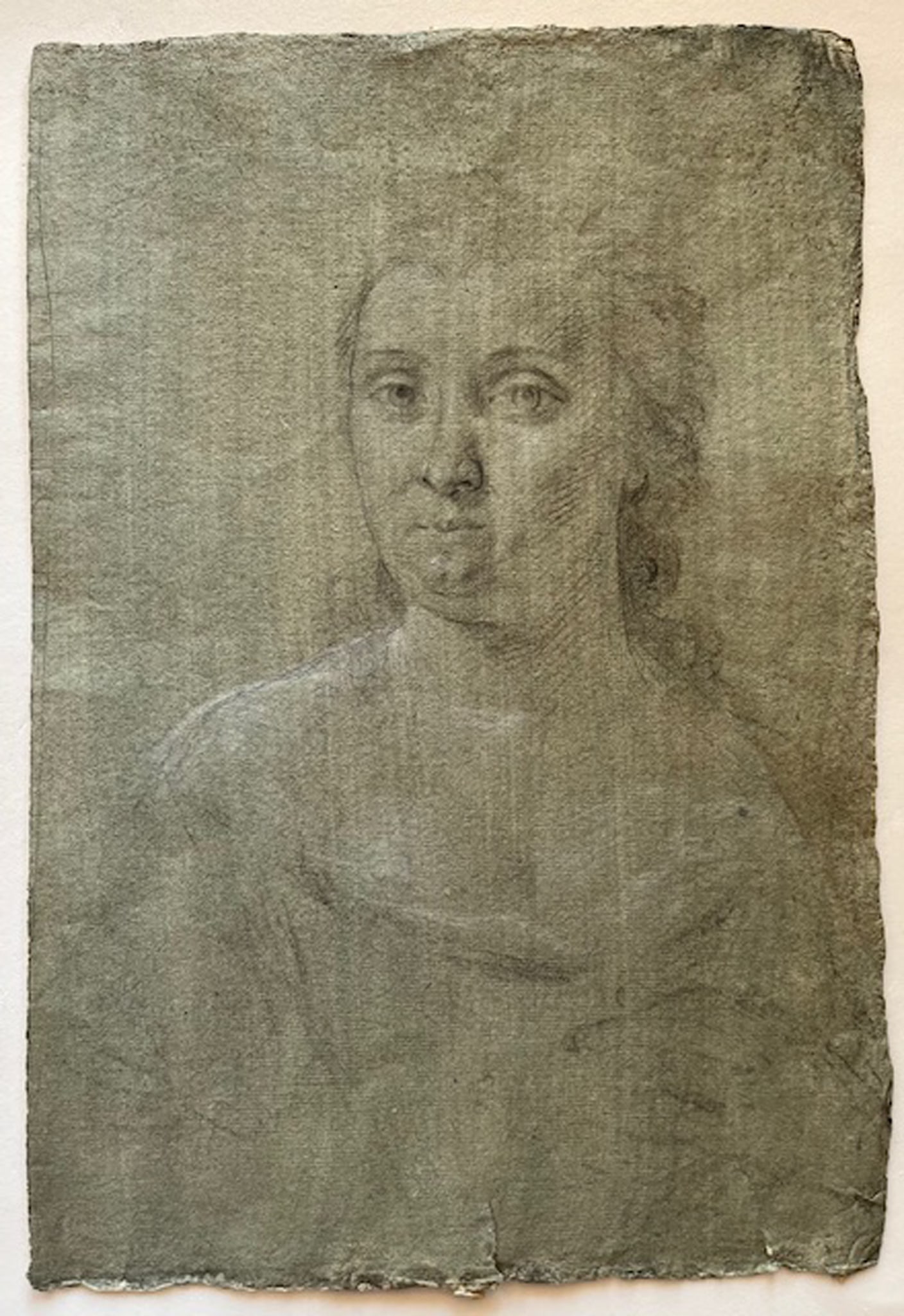 ART - Study of a Lady on Prepared Paper, in the Style of Rosalba Carriera 18th c.: A Drawing, a study for a female portrait on greygreen prepared paper, 18th, in the style of Rosalba Carriera 1673-1757, 355x240 mm..