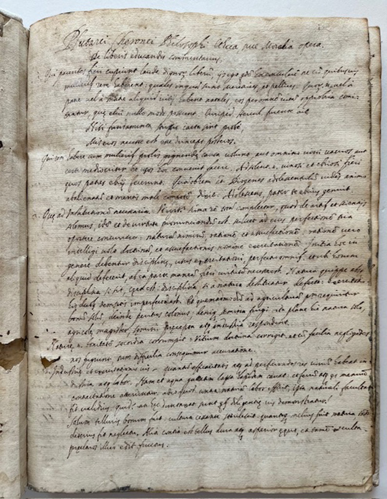 LITERATURE - Plutarchs Ethics A Renaissance Manuscript of the Moralia 16th c.: PLUTARCH - Plutarchi Cheronei ethica, sive moralia opera. br S.n., Italy, half of the 16th c. br Folio 260x190 mm., manuscript on paper, text in latin, early carta rustica boards, carefully rebacked,