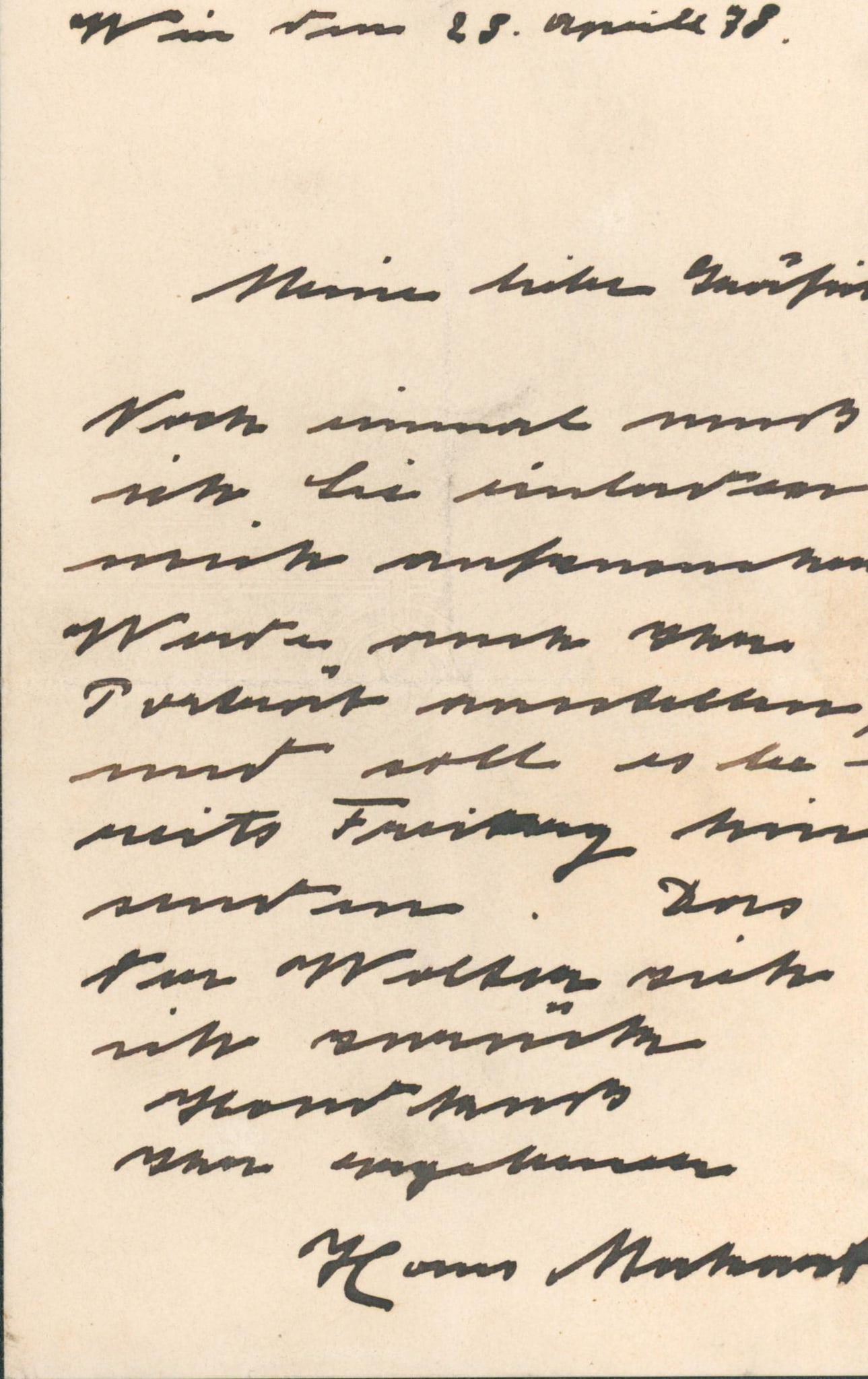 ART - MAKART Hans Salzbourg, 1840 - Vienna, 1884 - Hans Makarts Artistic Correspondence About a: Autograph letter signed, dated Wien den 23 April 78 by the Academic Austro-Hungarian painter. In German. To a friend, concerning a portrait. 1 p. In-8.