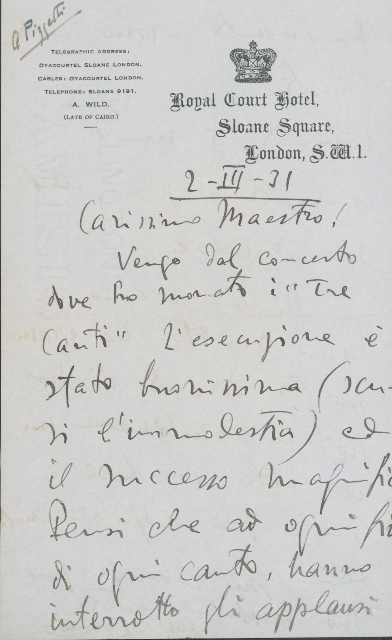 MUSIC - CASSADO Gaspar Barcelona, 1897 - Madrid, 1966 - Applause in London Gaspar Cassad Autograph: Autograph letter signed Gaspar Cassad 18971966, 2 pp. on bifolium, headed paper of the Royal Court Hotel, Sloane Square, London, dated 2 November 1931. Cassad writes to a fellow Maestro, reporting wit