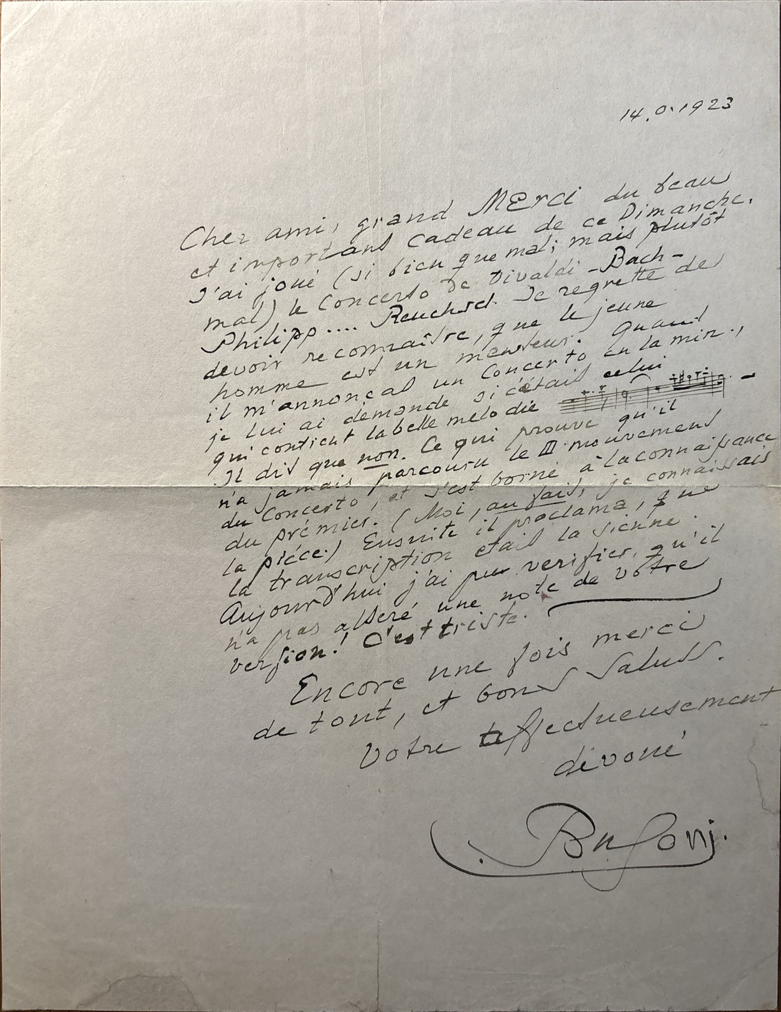 MUSIC BUSONI Ferruccio Empoli, 1866 - Berlin, 1924 Autograph letter signed: Autograph letter signed F. Busoni by Ferruccio Busoni 18661924, one page in French on cream paper c. 270 times 210 mm, written in dark ink. br In this rich and engaging letter to a close friend, Buson