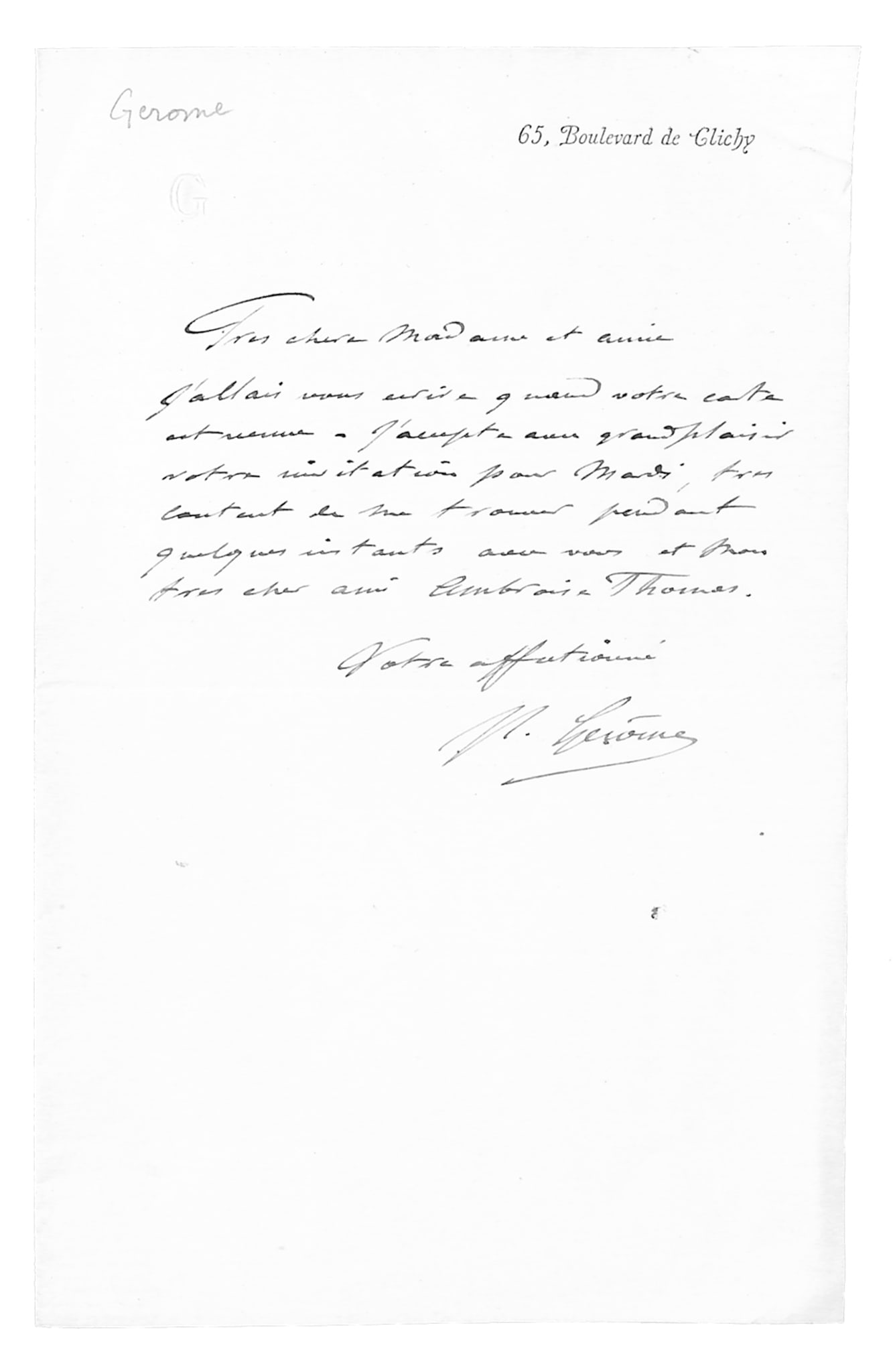 ART - GEROME Jean-Leon Vesoul, 1824 - Paris, 1904 - Sculptor and Painter of Historic and Mythic: Lot of two autograph letters signed by the French painter and sculptor. br br The range of his works includes historical paintings, Greek mythology, Orientalism, portraits, and other subjects. He is c