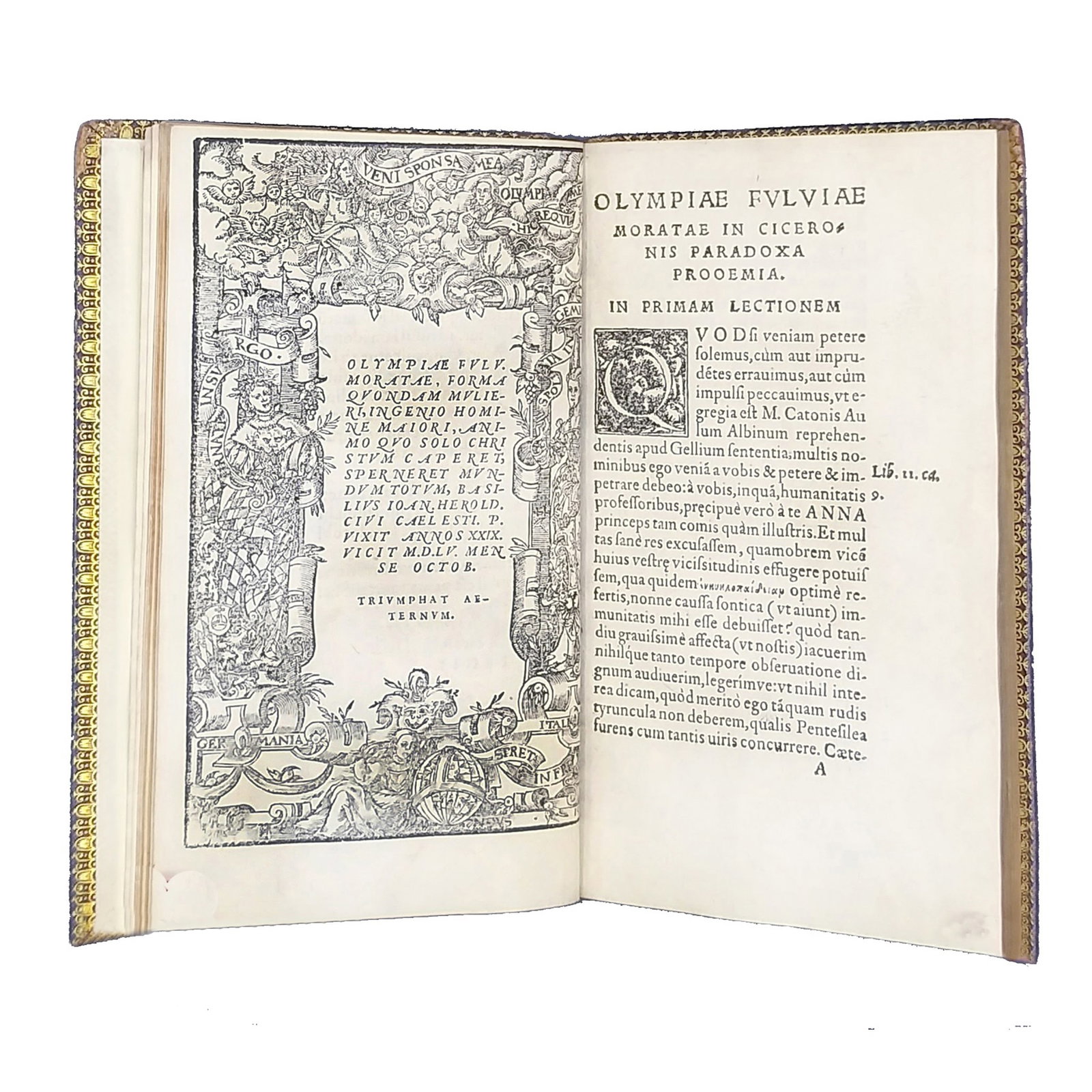 [LITERATURE] - MORATA Olimpia Fulvia (1526 - 1555) - A Woman Who Wrote In Defense Of Women And Their: Morata, Olimpia Fulvia. "Divinae orationes, dialogi, epistolae, carmina, tam Latina quam Graeca". Basel: Pietro Perna, 1562. 8vo (160x100mm), 19th-century roan, gilt edges, Full-page decorative border