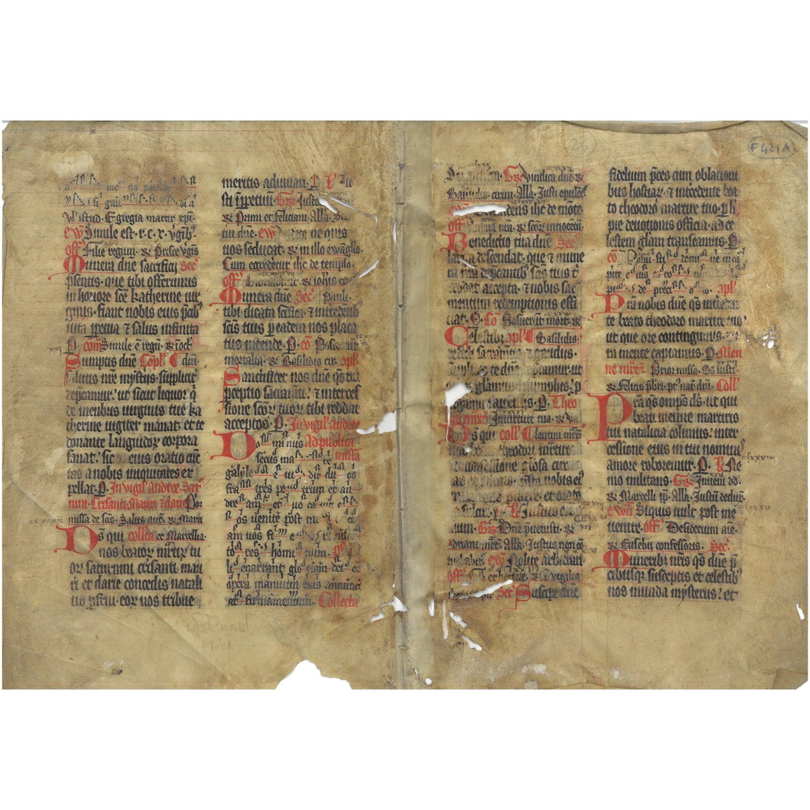 [HISTORY] - [Medieval Liturgy – German Gothic Missal Fragment With Neumatic Notation –: Missal (manuscript fragment) Germany, late 13th century. Parchment bifolium, 310 x 220 mm (writing space 225 x 150 mm). Text in Gothic script in black ink, arranged in two columns of 27 lines. Decorat