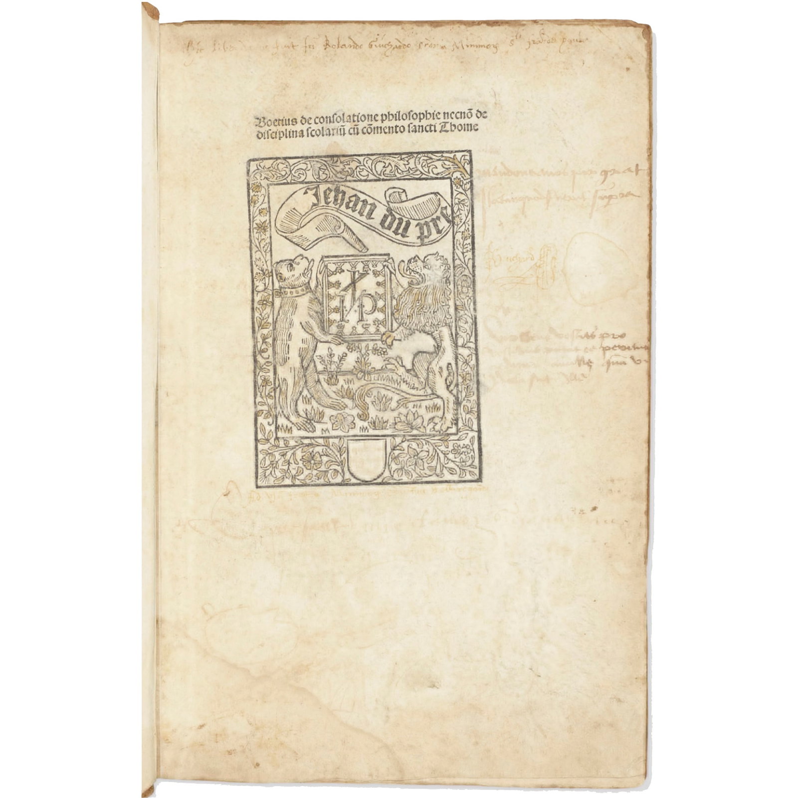 [HISTORY] - BOETHIUS Severinus - The Saving Power Of Philosophy. 9 Known Copies: Boethius, Severinus. De consolatione philosophiae. [with:] Pseudo-Boethius. De disciplina scholarium. [Lyons: Jean Du Pré (printer of Lyons), not after 1489]. Median quarto (243x155mm), 19th cent