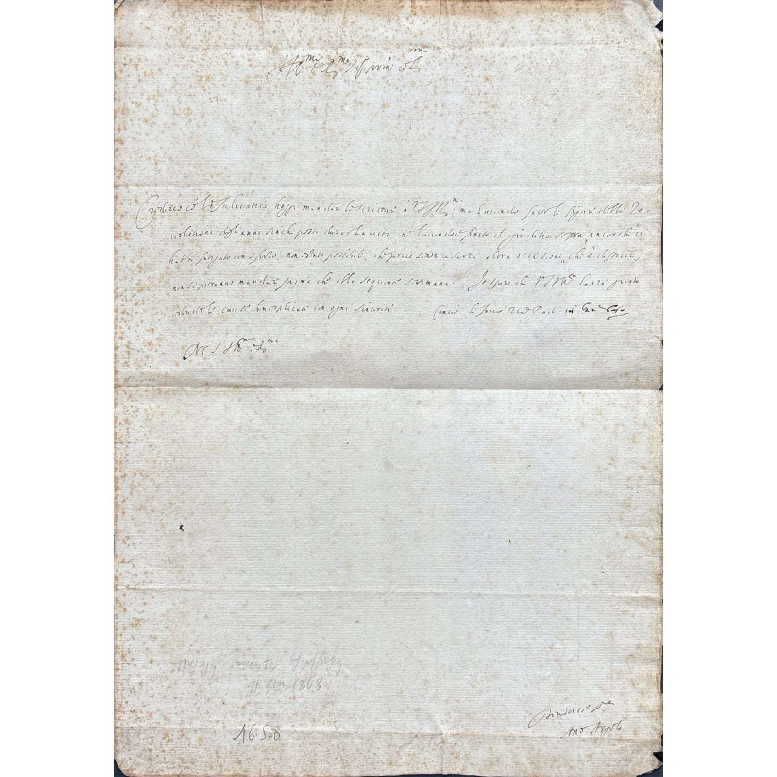 [SCIENCE AND MEDICINE] - ARGOLI Andrea (1570 - 1659) - A Rare Scientific Voice: Argoli On: Extremely rare autograph letter signed, dated Padova 14.1.1650, by the Italian mathematician. 1 p. in-4. Argoli addresses an unnamed correspondent, sending him some writings concerning “…l
