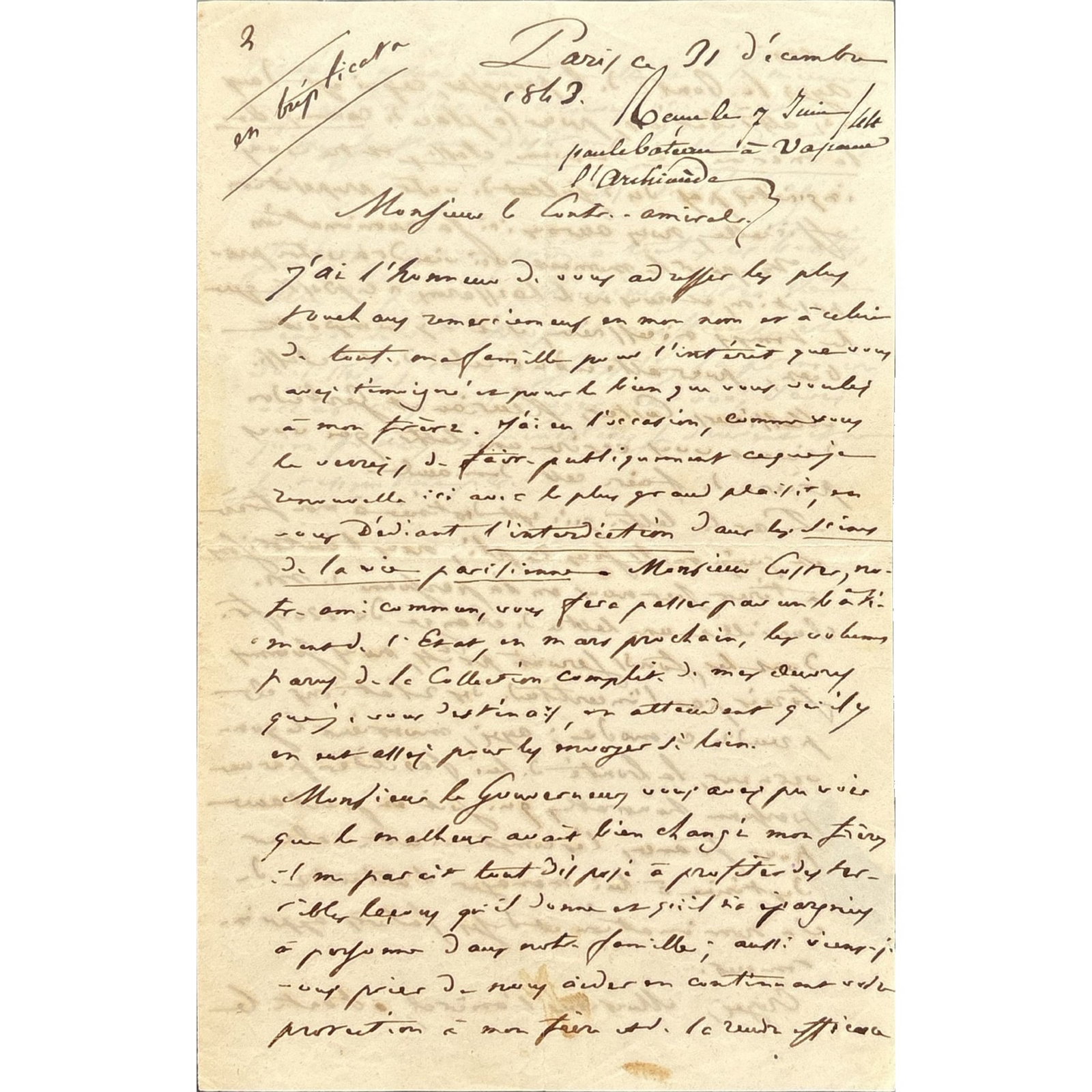 [LITERATURE] - BALZAC Honoré de (1799 - 1850) - Family And Favor: Balzac Appeals For His: Autograph letter signed, dated “Paris, ce 31 décembre 1843” by French novelist and dramatist, most known for his novel sequence “La Comédie humaine”. 3 pp. in-8. 