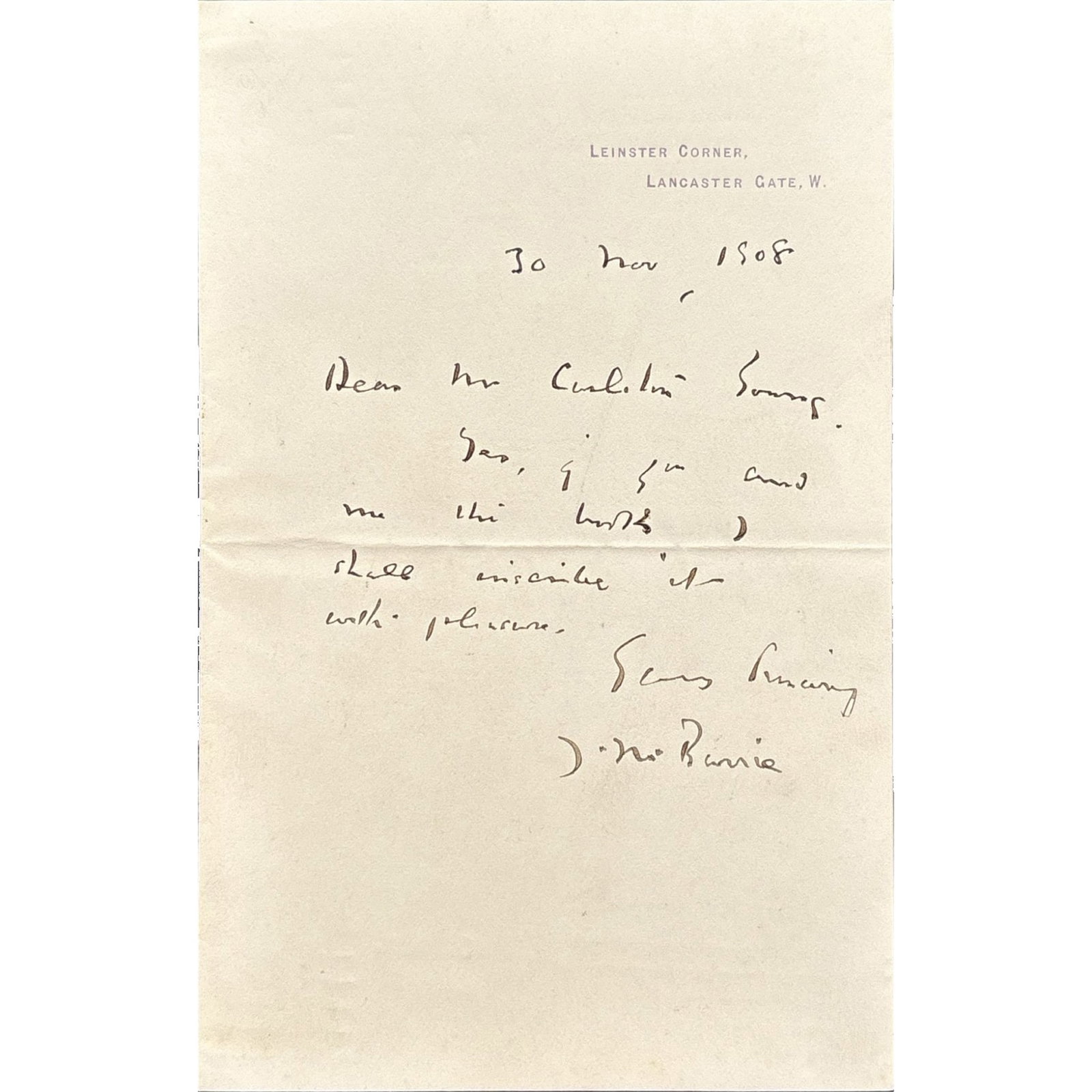 [LITERATURE] - BARRIE James Matthew (1860 - 1937) - A Gift From Peter Pan’s Creator:: Autograph letter signed, dated “30 Nov 1908” by Scottish novelist and playwright, remembered as the creator of Peter Pan. 1 p. In-8. With letterhead “Leinster Corner”. Included