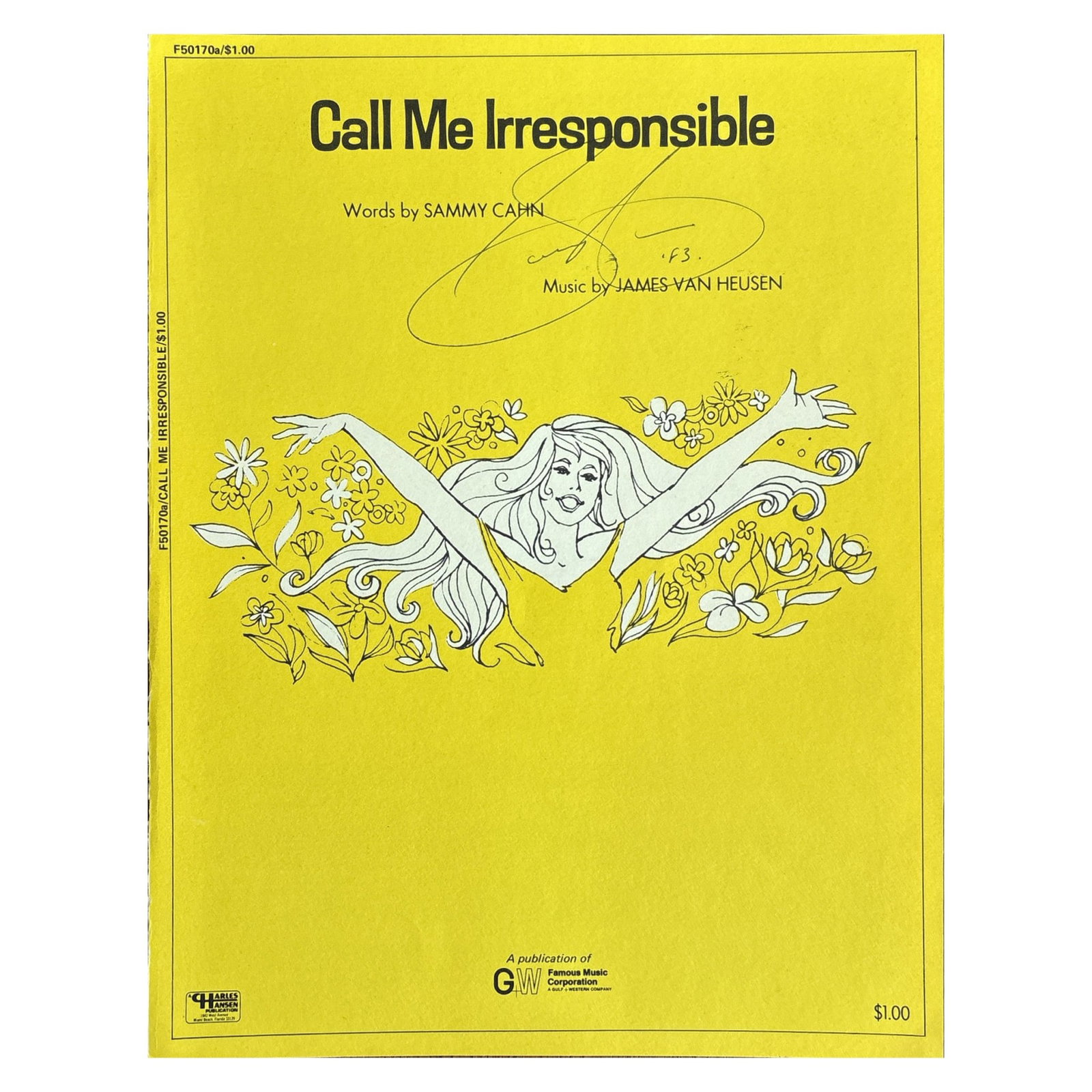 [MUSIC] - CAHN Sammy (1913 - 1993) - Hollywood Songwriting: Sammy Cahn’s Signature On A: Autograph signature on the cover of a music score book by the American lyricist, best known for his song “Let It Snow! Let It Snow! Let It Snow!” (1945). 3 pp. (2 music score pages) in-4. 