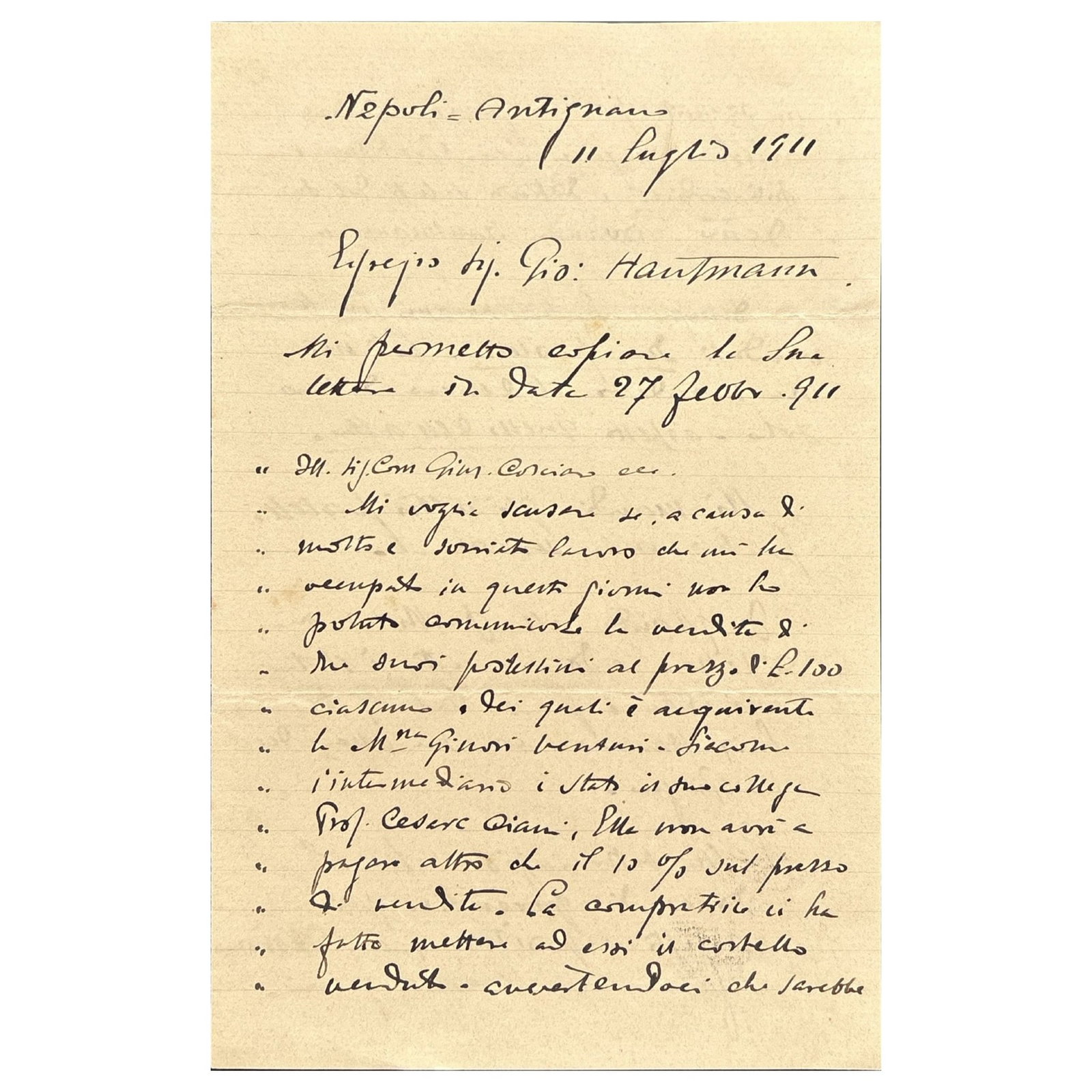 [ART] - CASCIARO Giuseppe (1863 - 1941) - Art, Sales, And Projects: Casciaro Writes To His Gallerist (1 of 2)