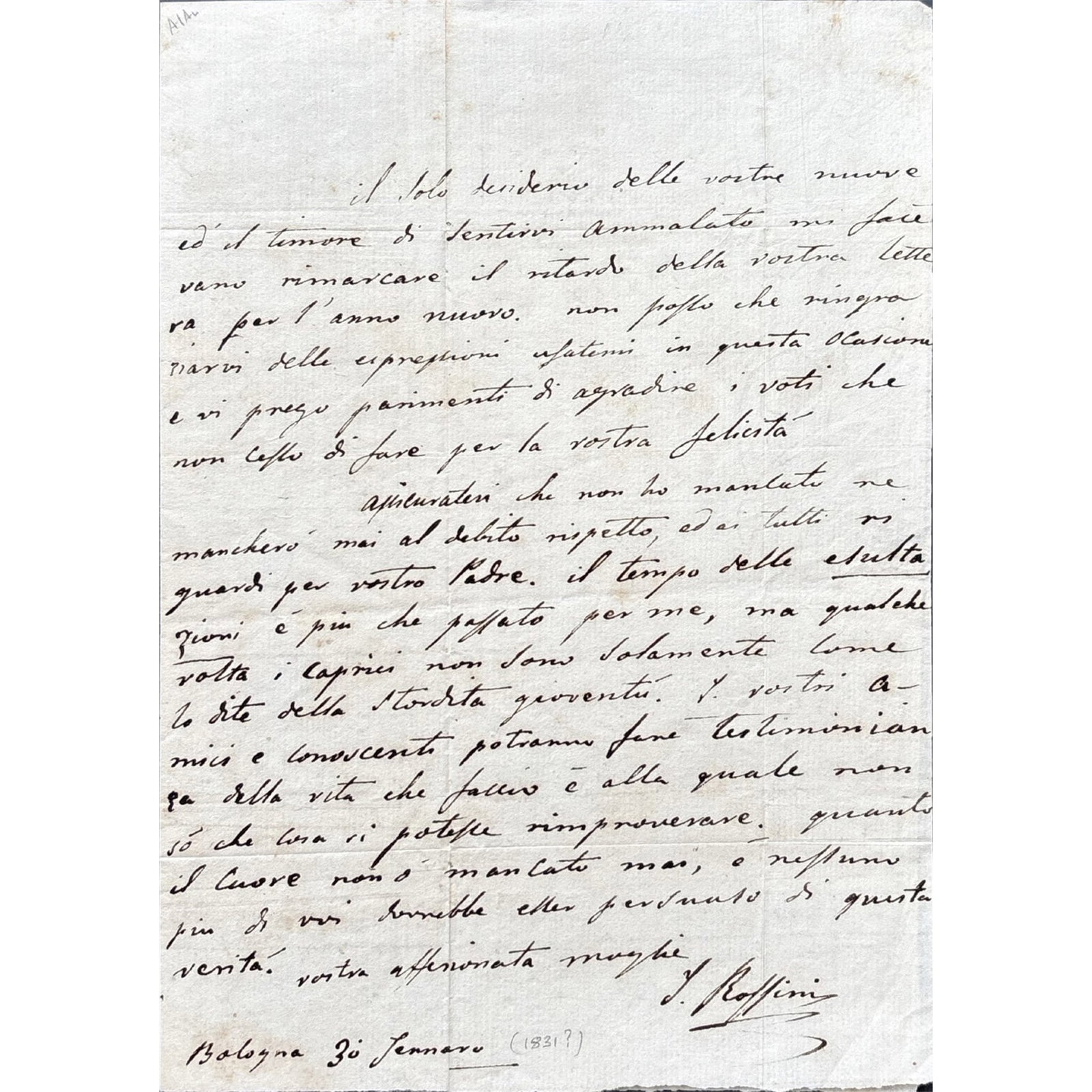 [MUSIC] - COLBRAN Isabelle (1785 - 1845) - A Wife’s Plea: Love And Estrangement In: Important autograph letter signed “vostra affezionata moglie”, dated “Bologna 30 Gennaro [1831]” by the Spanish mezzo-soprano and composer, wife to the composer Gioacchino Ross