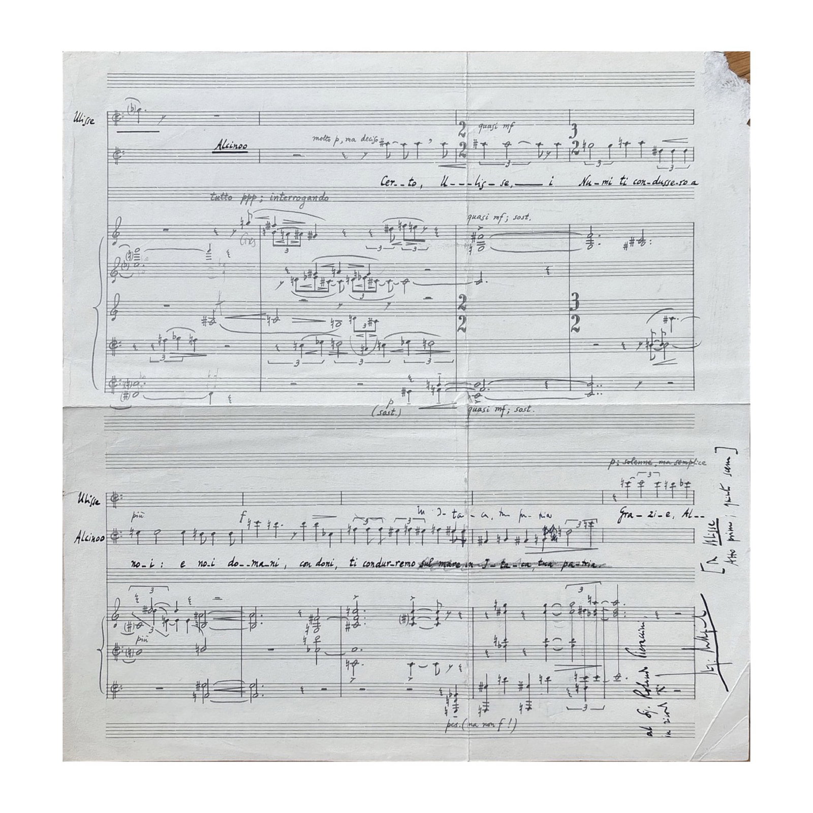 [MUSIC] - DALLAPICCOLA Luigi (1904 - 1975) - From “Ulisse”: A Rare Autograph Score From: Autograph music score with dedication signed by the Italian composer and pianist. 2 pentagrammed pages. Two full music pages from Act I, Scene V from “Ulisse”, opera in a prologue and two 
