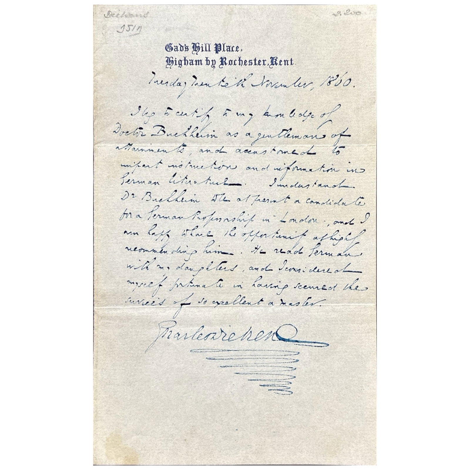 [LITERATURE] - DICKENS Charles (1812 - 1870) - Charles Dickens Recommends: A Testament To Scholarly: Autograph letter signed, dated “Tuesday Twentieth November, 1860” by the British writer and journalist. 1 p. in-8 with personal letterhead. Dickens recommends his colleague Charles Adolphu