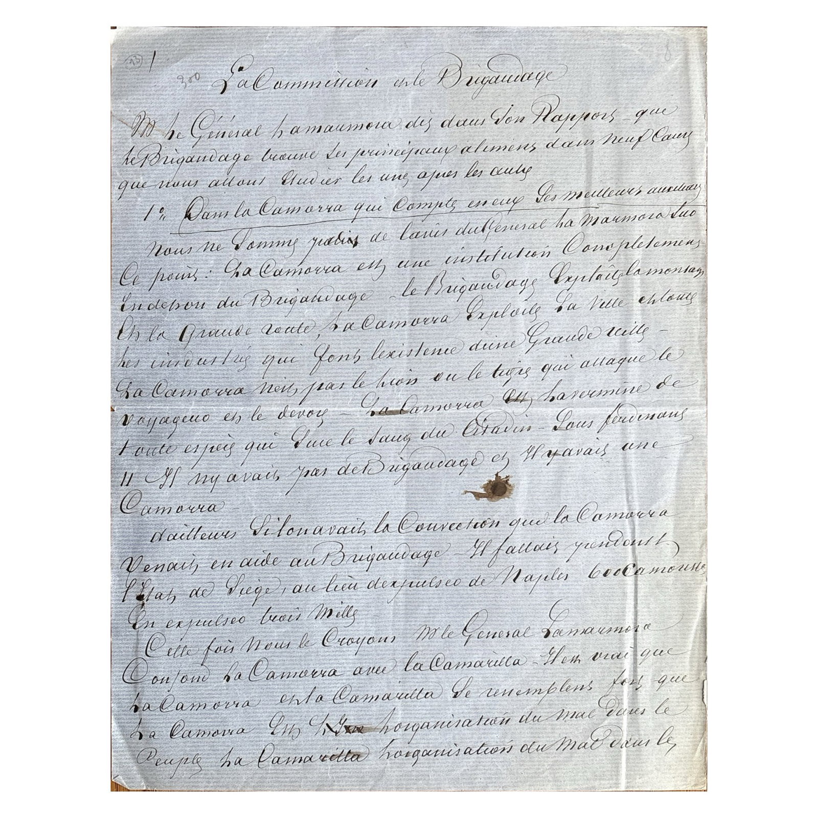 [LITERATURE] - DUMAS père Alexandre (1802 - 1870) - Against The Commission: Dumas On Camorra: Autograph manuscript titled "La Commission et le Brigandage, [1862]; 6 pp. in-4 on blue paper (the end is missing; crease marks). On the subject of the Camorra. An article published in Italian in Duma
